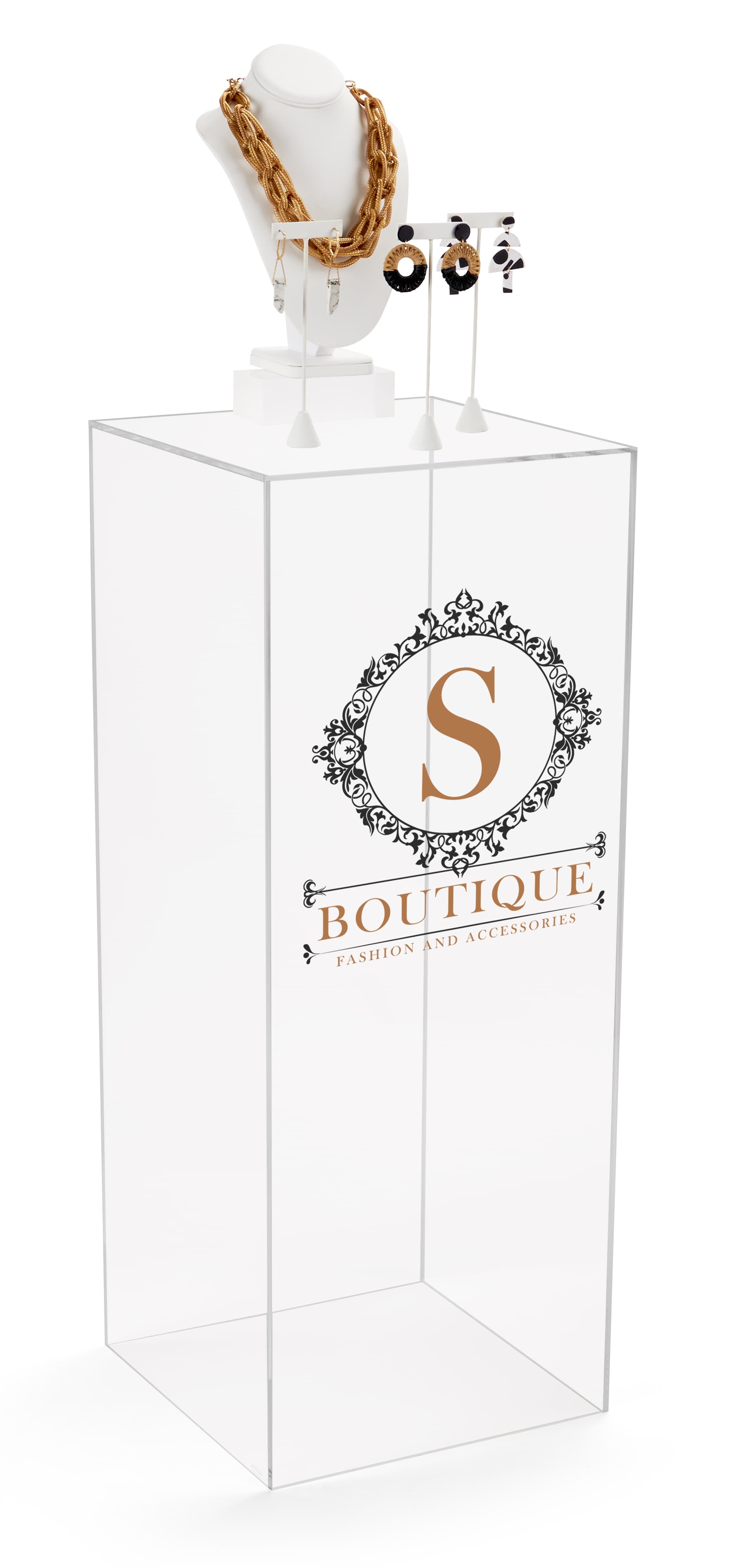 Clear acrylic pedestal with custom graphics and floor standing design