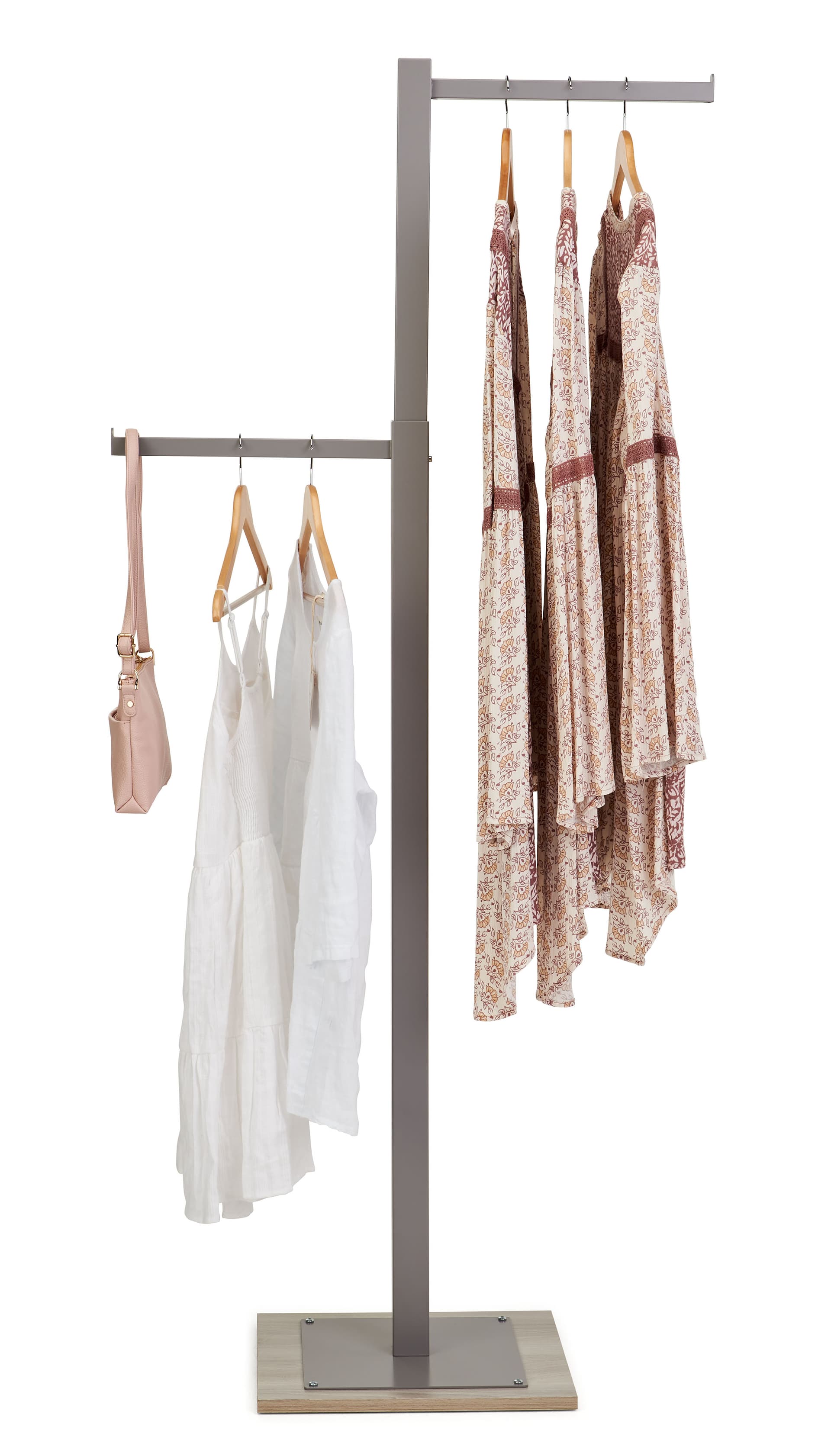 Boutique clothing rack with 15 inch wide by 17 inch deep base