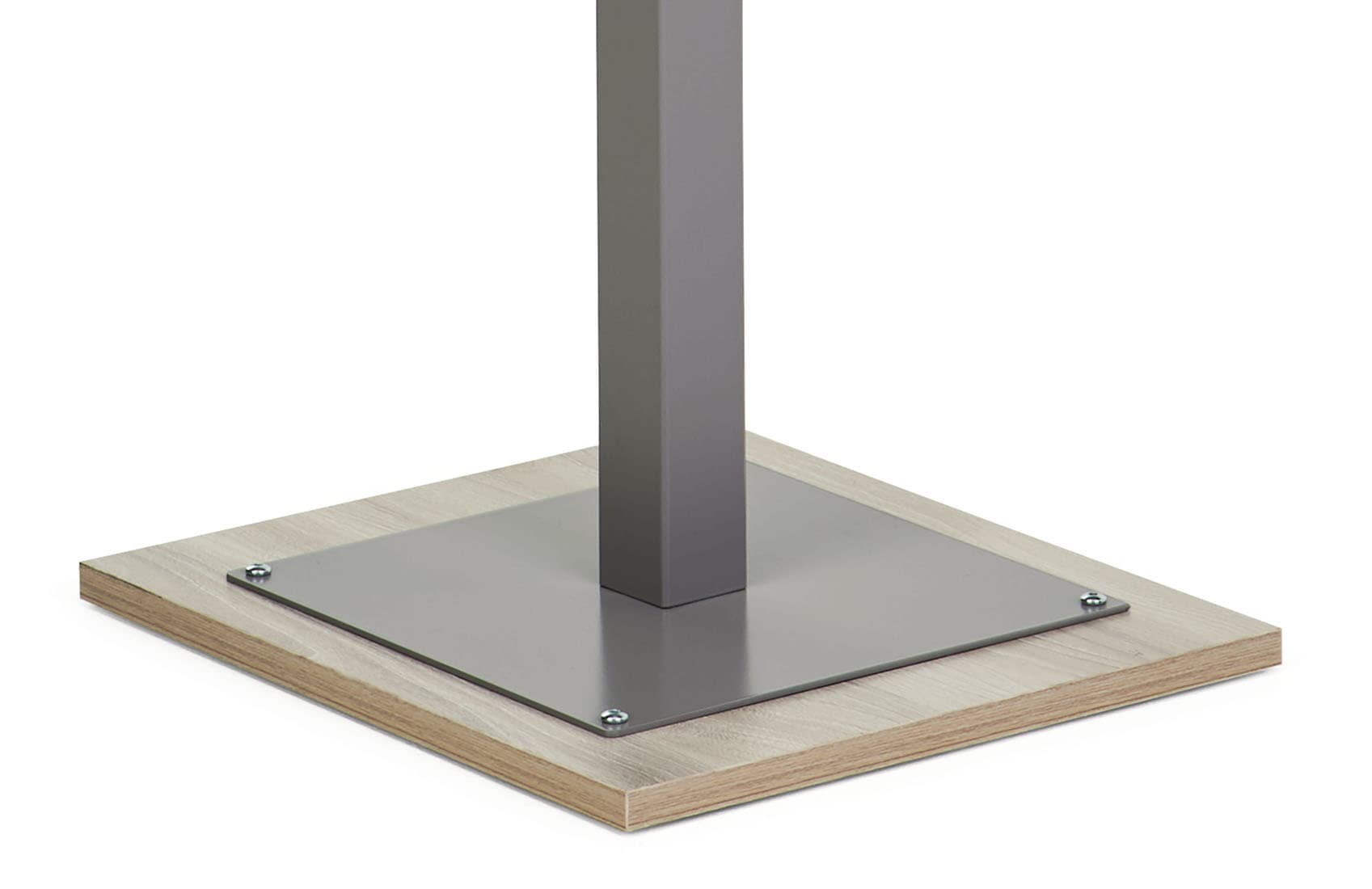 Boutique clothing rack with sleek faux wood grain base