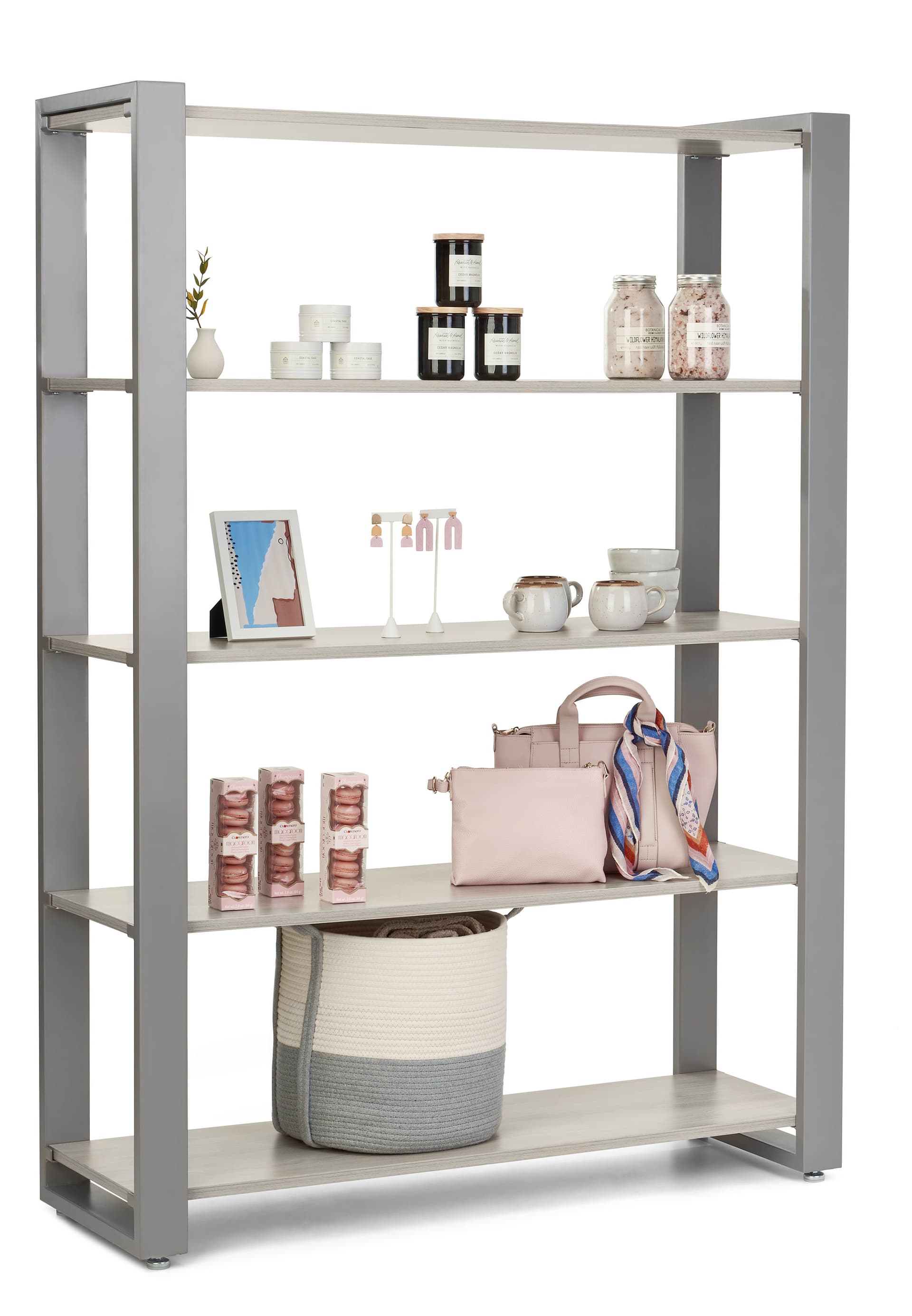 Modern retail display shelving with 48 inch wide by 16 inch deep shelves