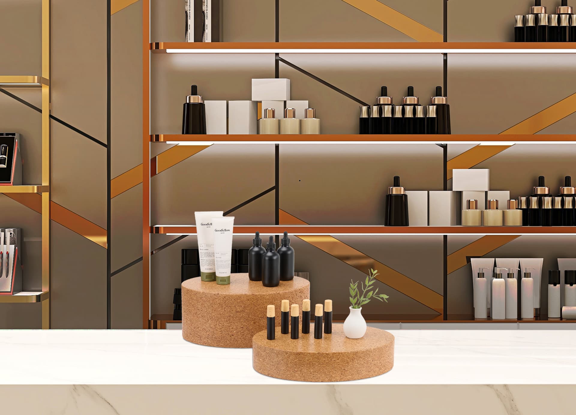 Cork display risers with a counter top placement 