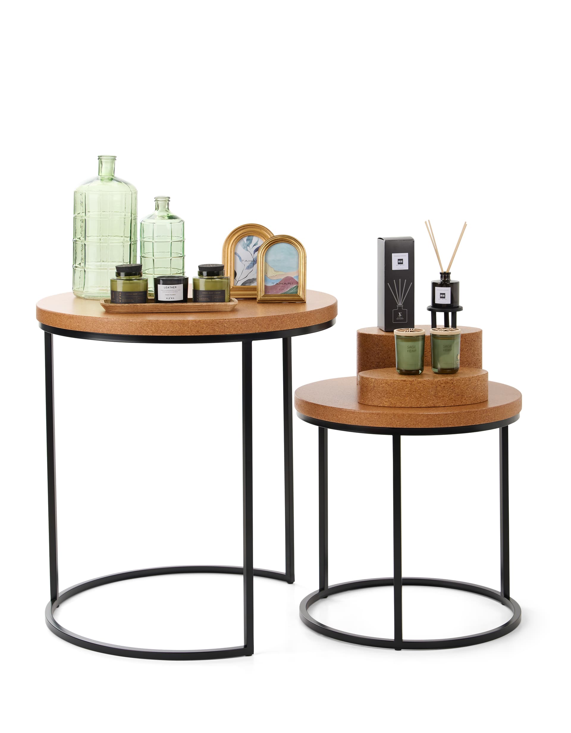 Round cork nesting tables with black  base