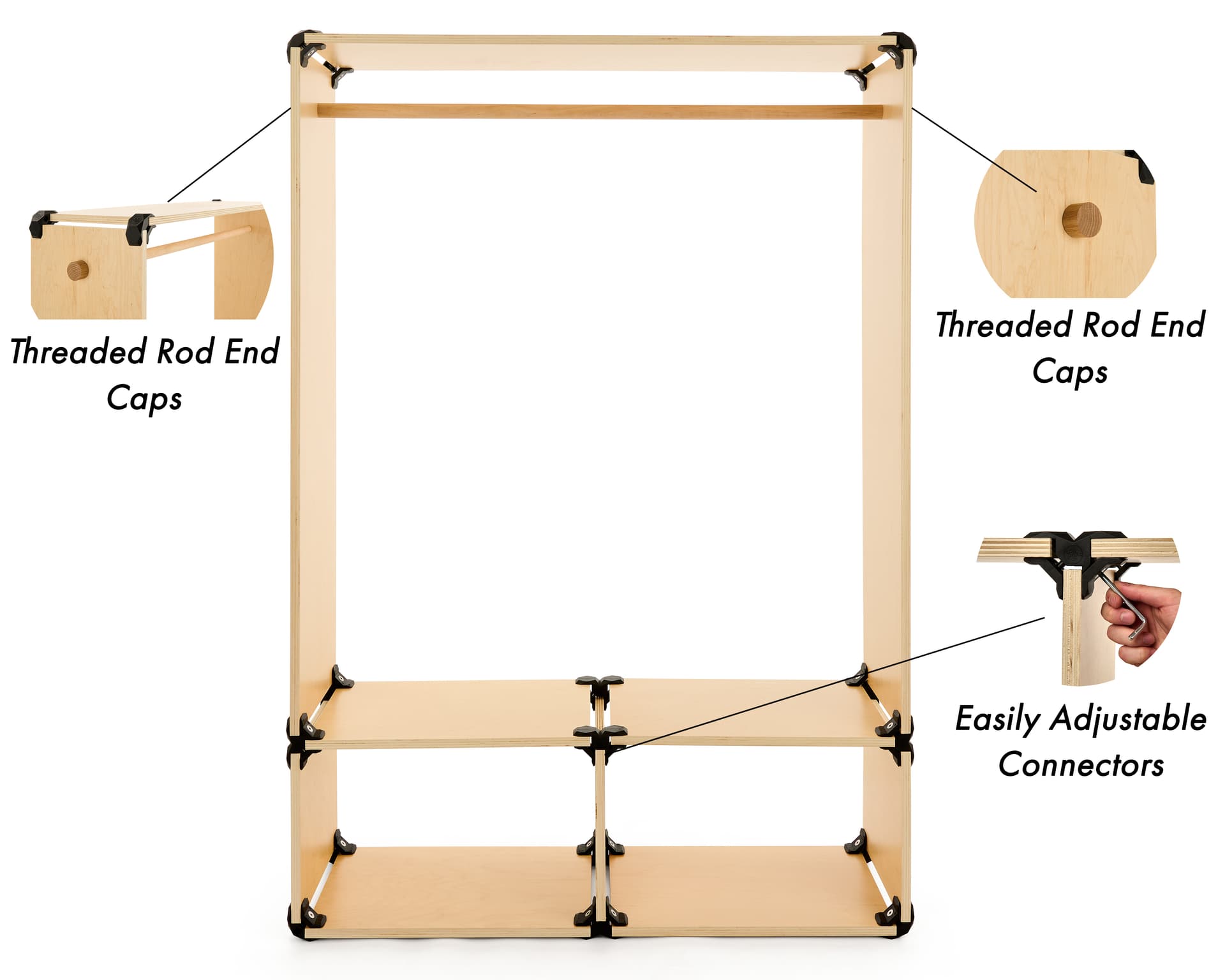 Modular shelving system with clothing rack height of 71 inches and width of 48 inches