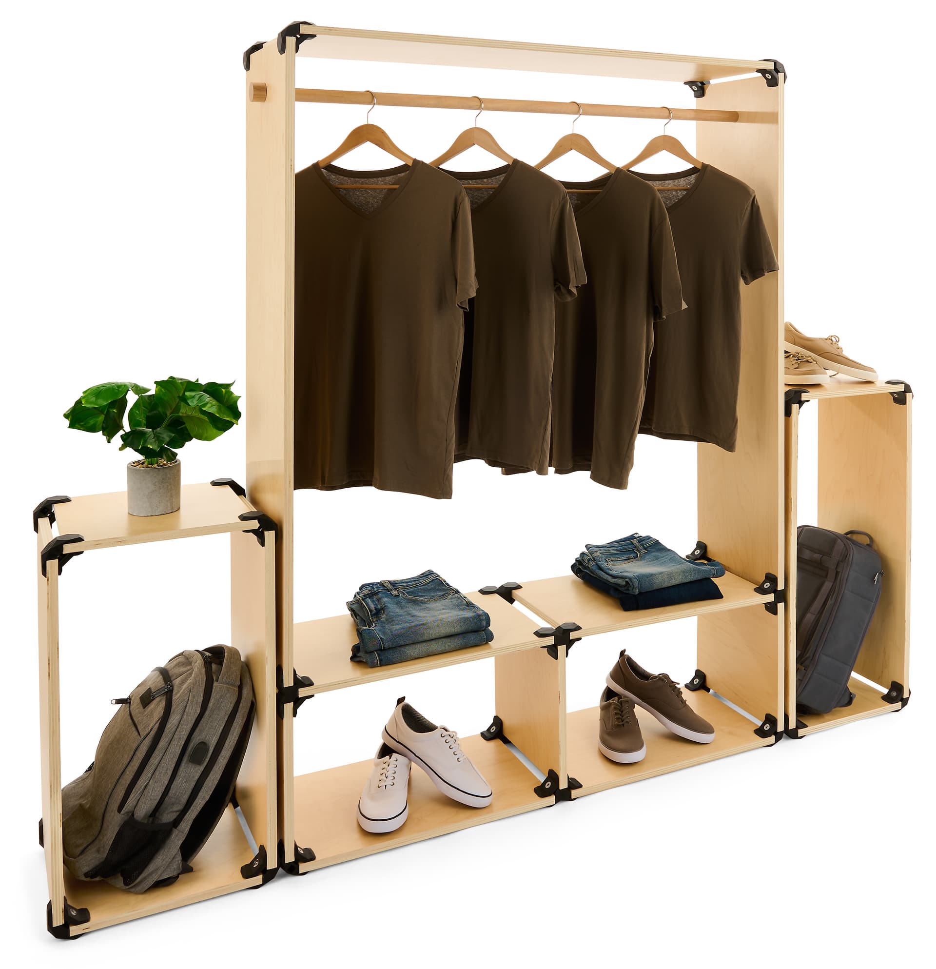 Modular shelving system with clothing rack weight capacity of 100 pounds per shelf