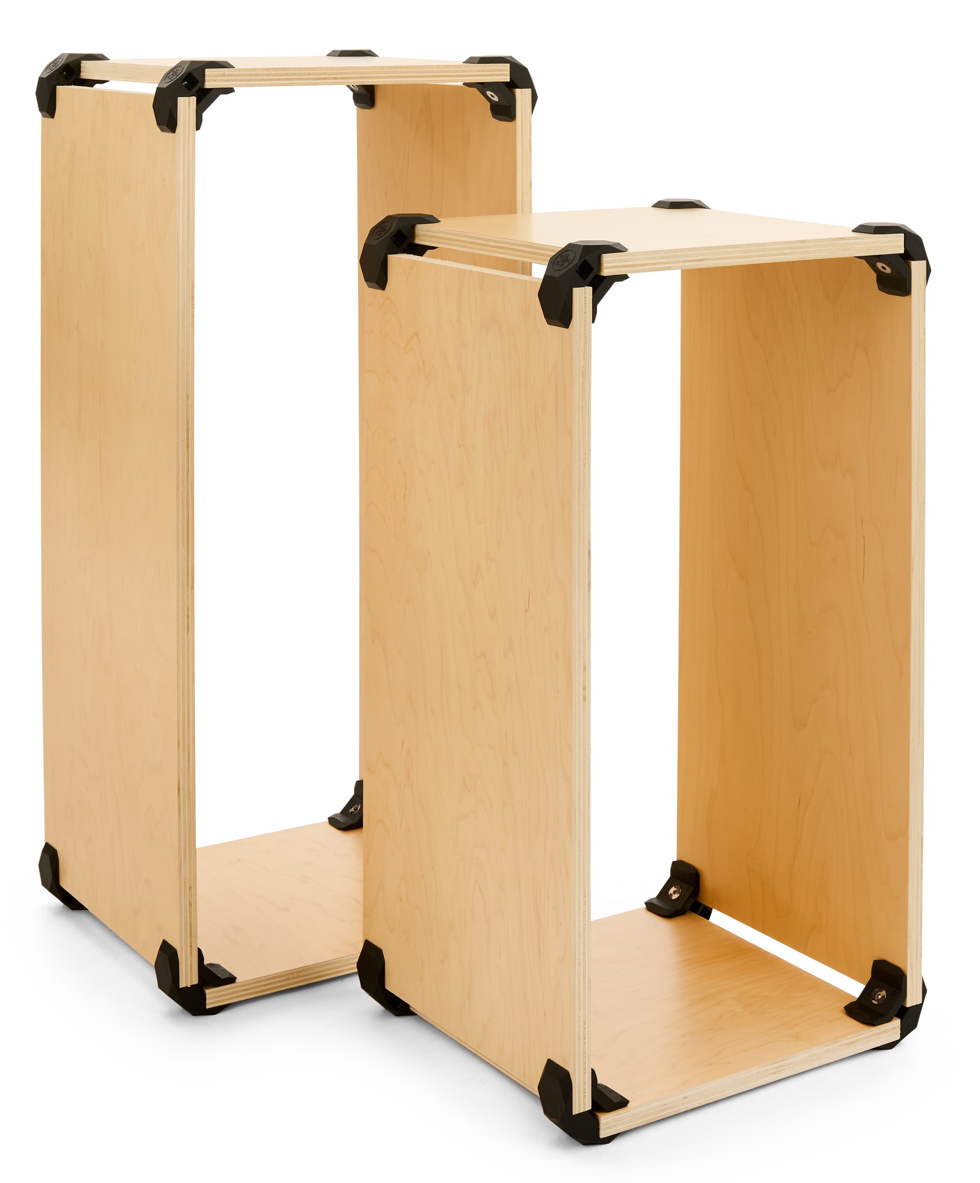 Modular shelving system with a 30 inch tall pedestal and 36 inch tall pedestal 