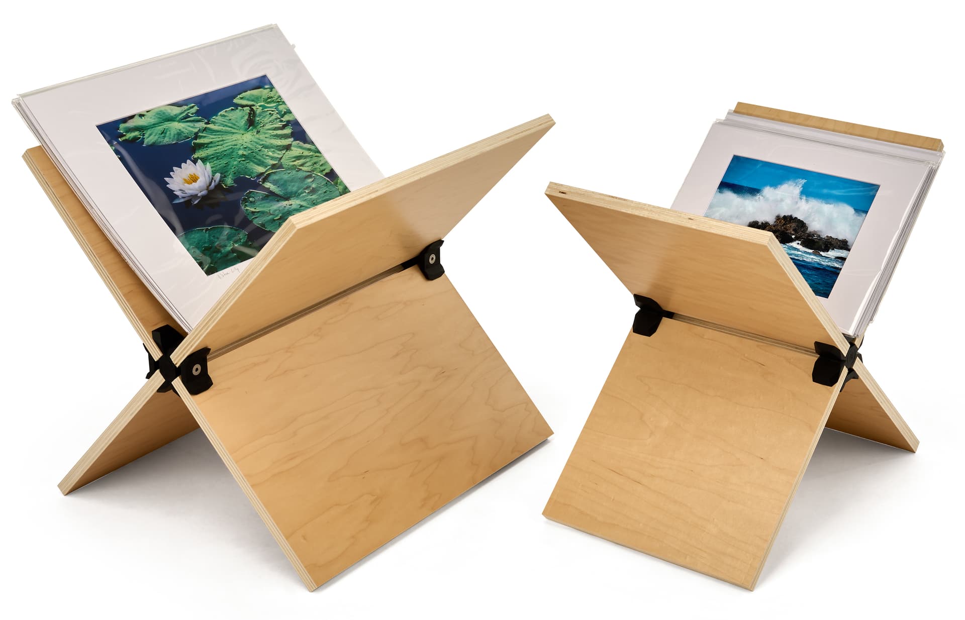 Modular shelving system with 2 literature holders made from eight 13.25 square boards and four cross connectors