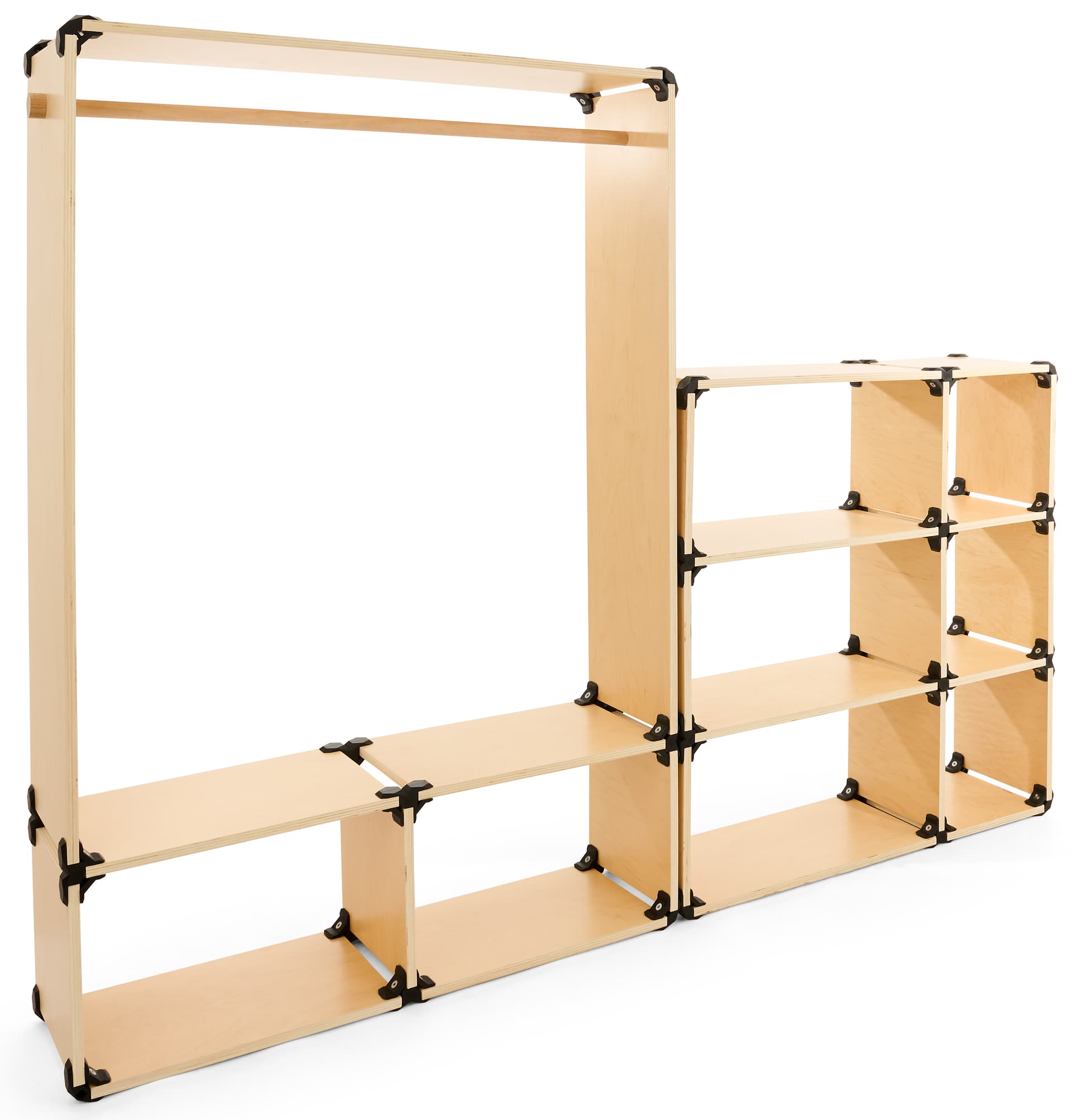 Modular shelving system with 2 piece unit combinations