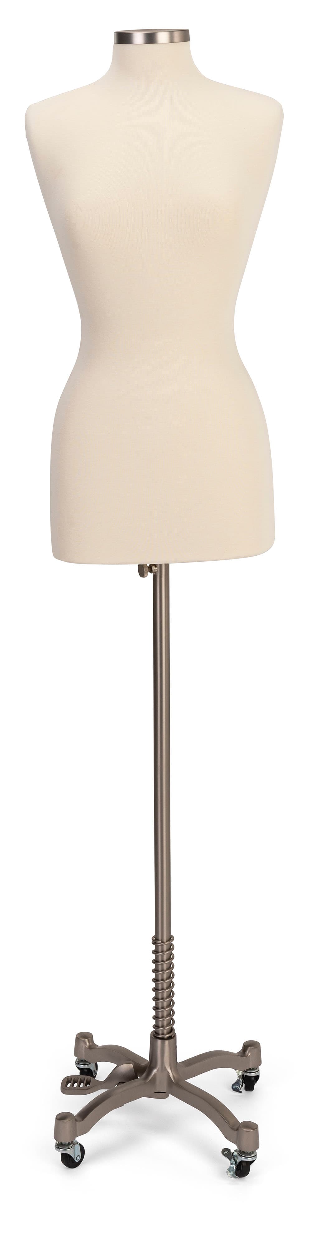 Mobile female sewing mannequin is covered with white ribbed cotton material 
