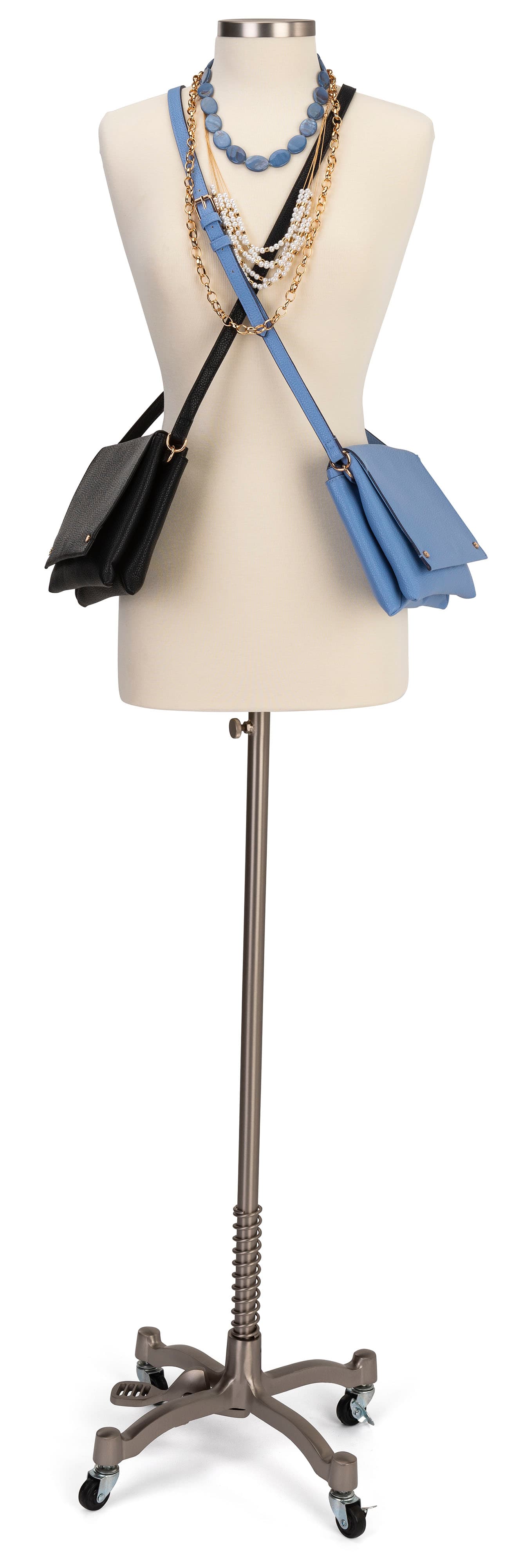 Mobile female sewing mannequin with decorative spring and foot pedal details 