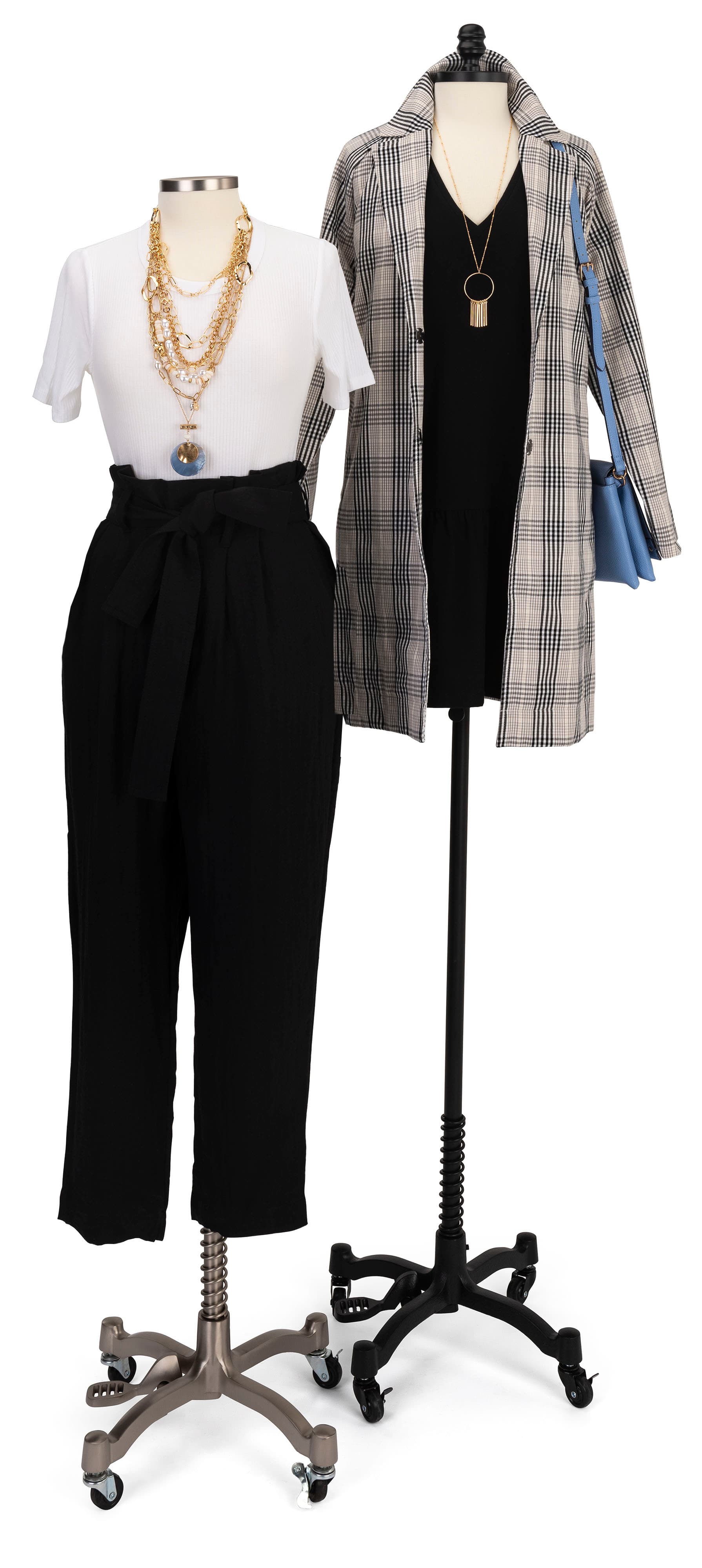Mobile female sewing mannequin with adjustable height ranging from 51 to 90.5 inches tall 