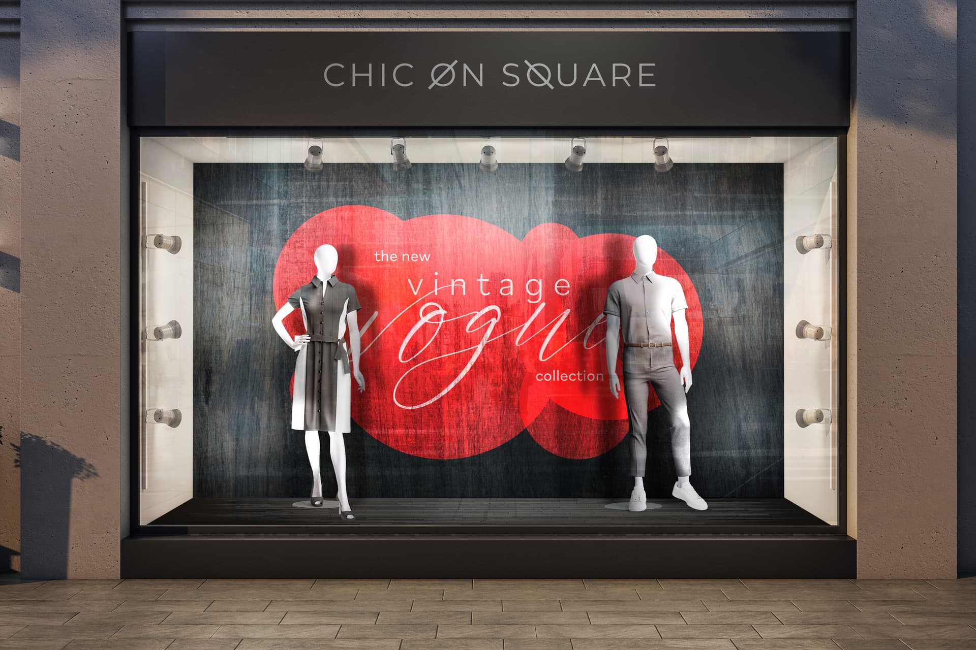Female full body mannequin in storefront window with male mannequin