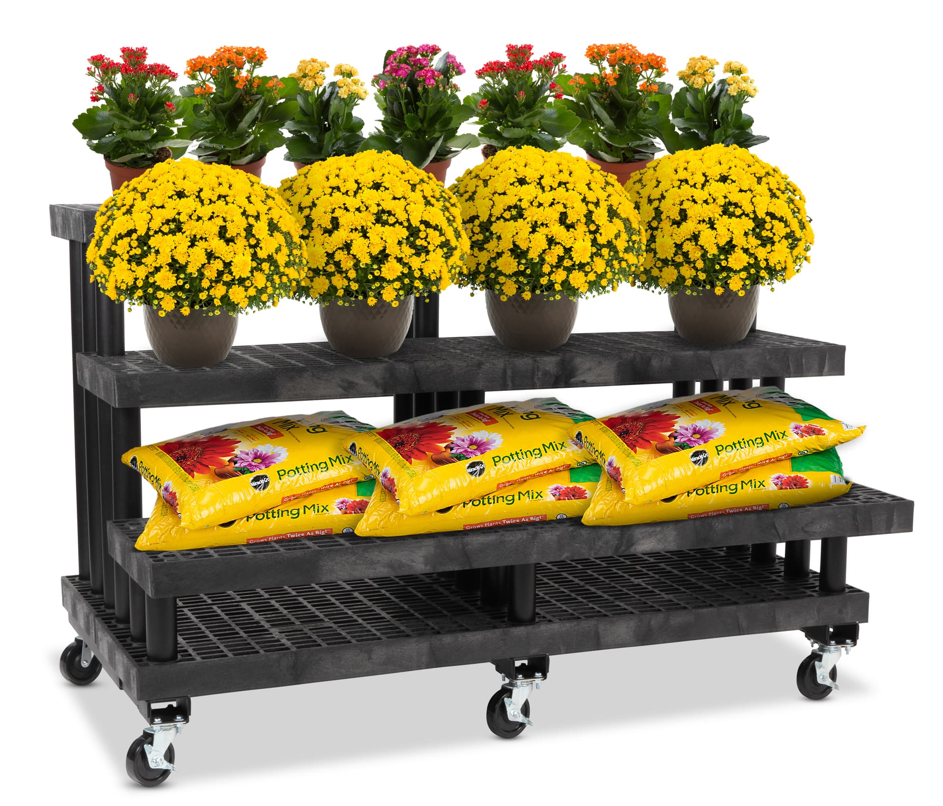 Rolling commercial nursery rack with grid top platforms