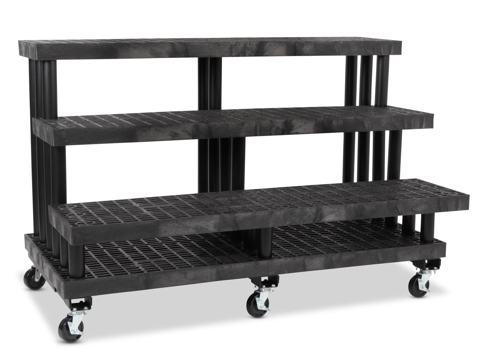 Rolling commercial nursery rack with 3 levels of displayability 