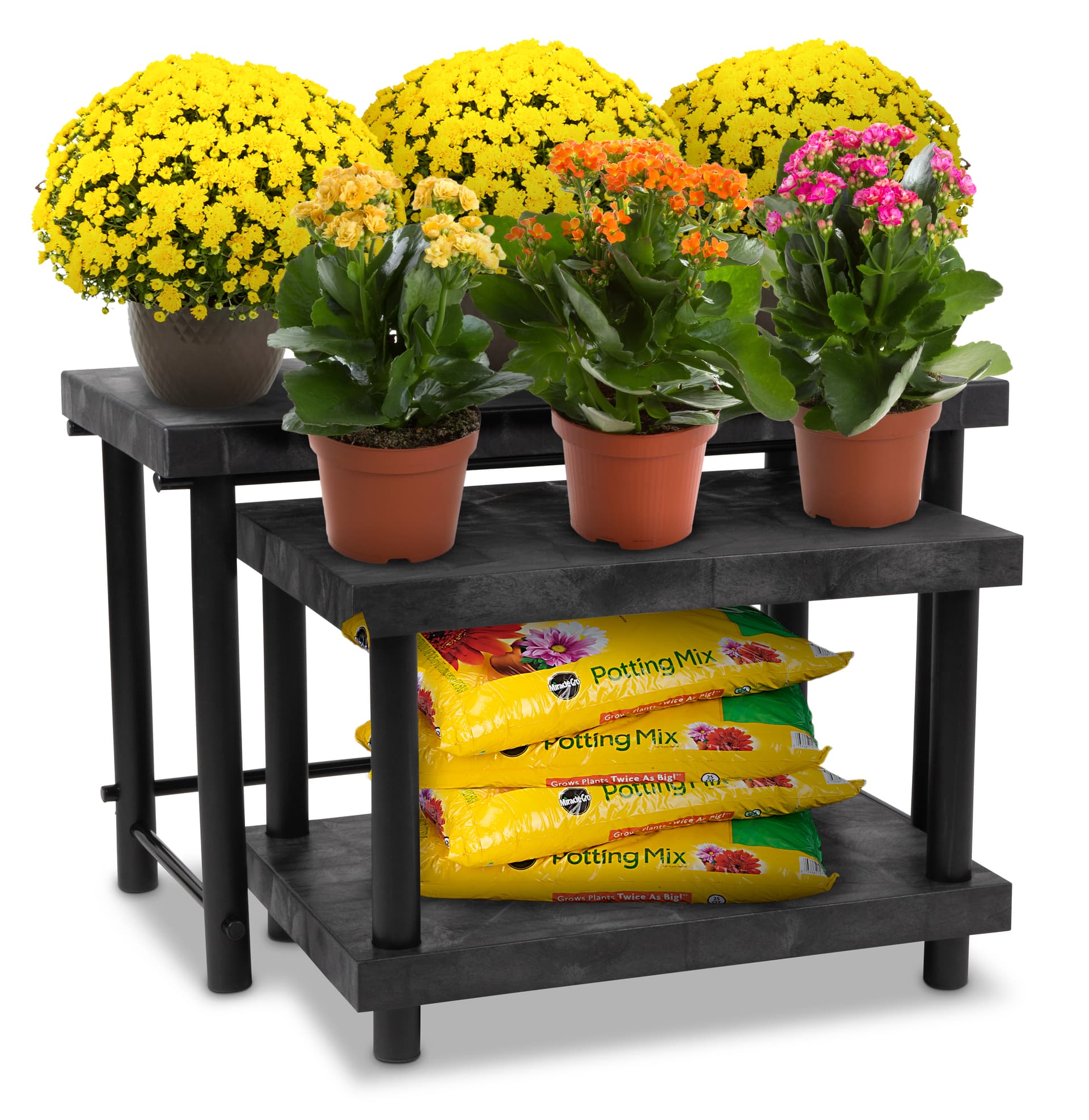 Plastic garden center tables with 3 levels of display