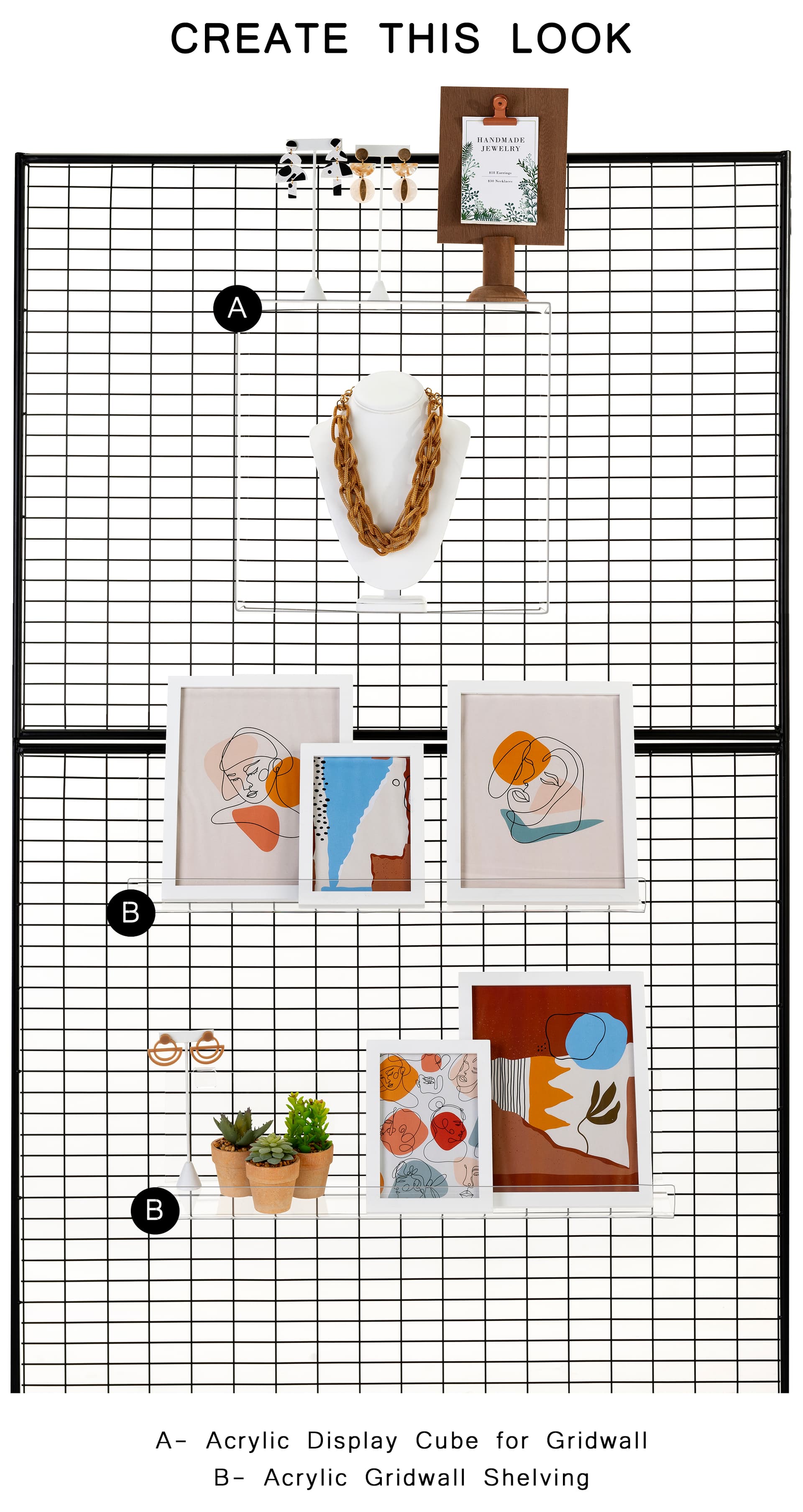 acrylic gridwall shelving shown in tandem with acrylic display cube accessory