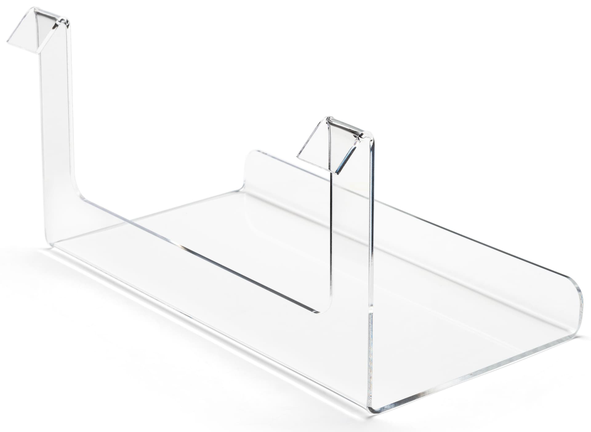 Acrylic gridwall display shelf features 2 mounting brackets 