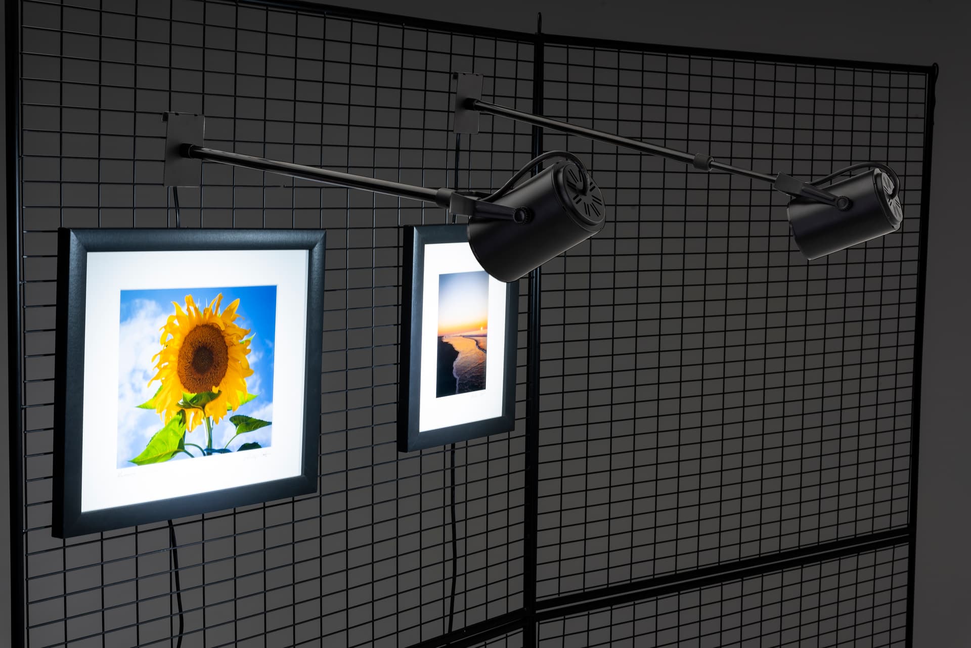 Gridwall lighting fixture with steel and glass build 