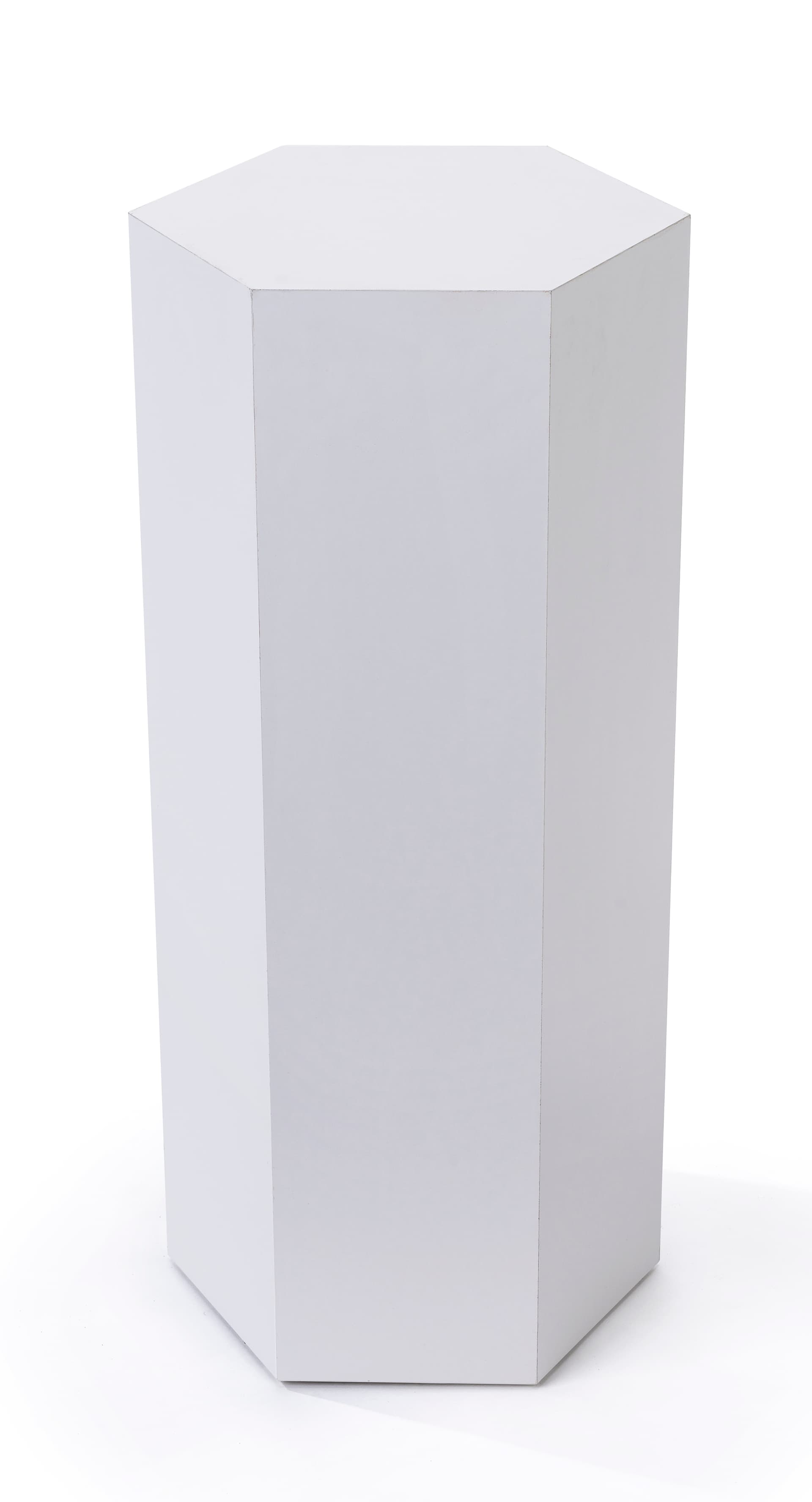 Hexagonal display pedestal made of durable laminated particleboard