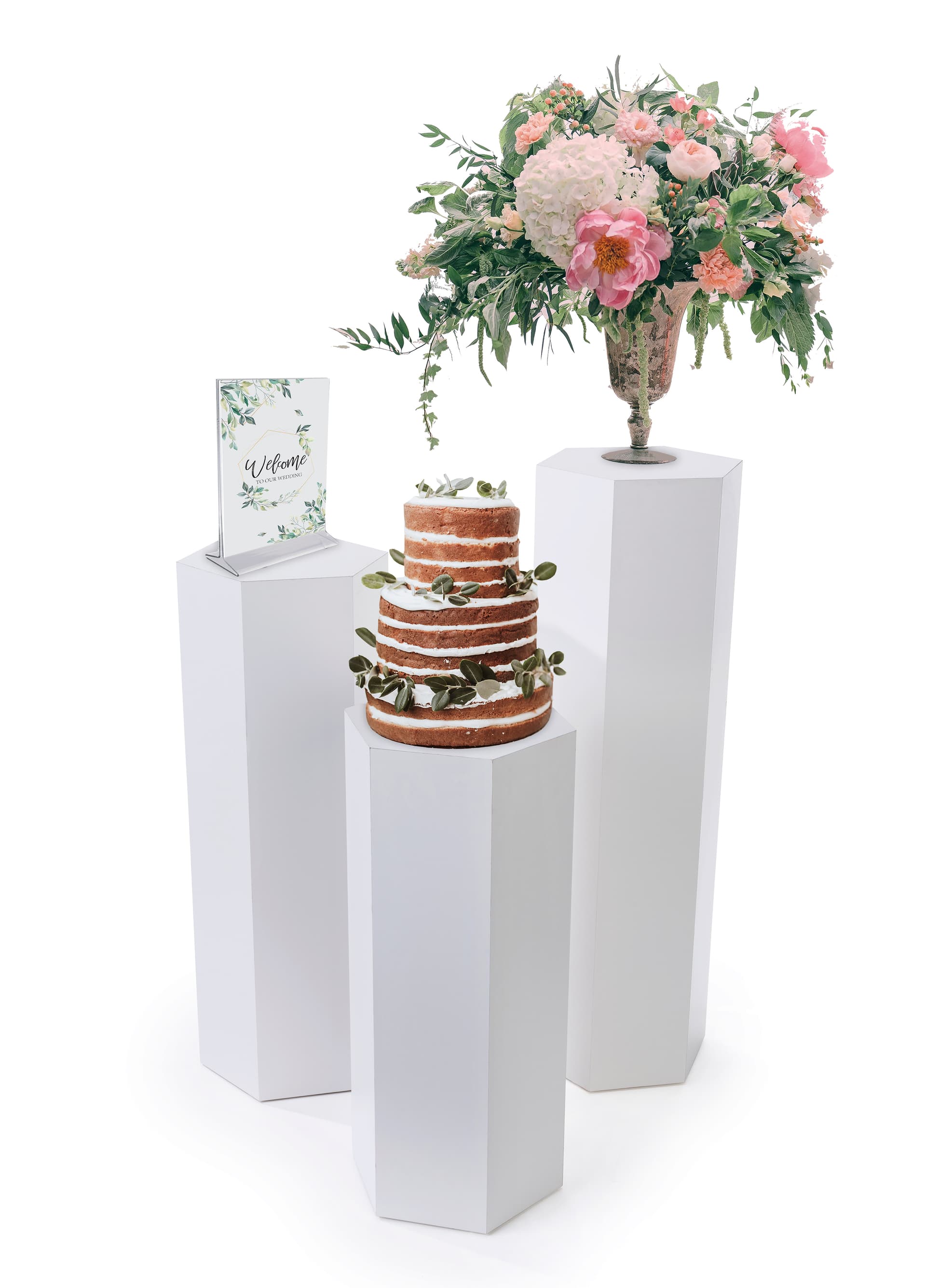 Set of 3 hexagonal gallery pedestals with 50 pound weight capacity per unit