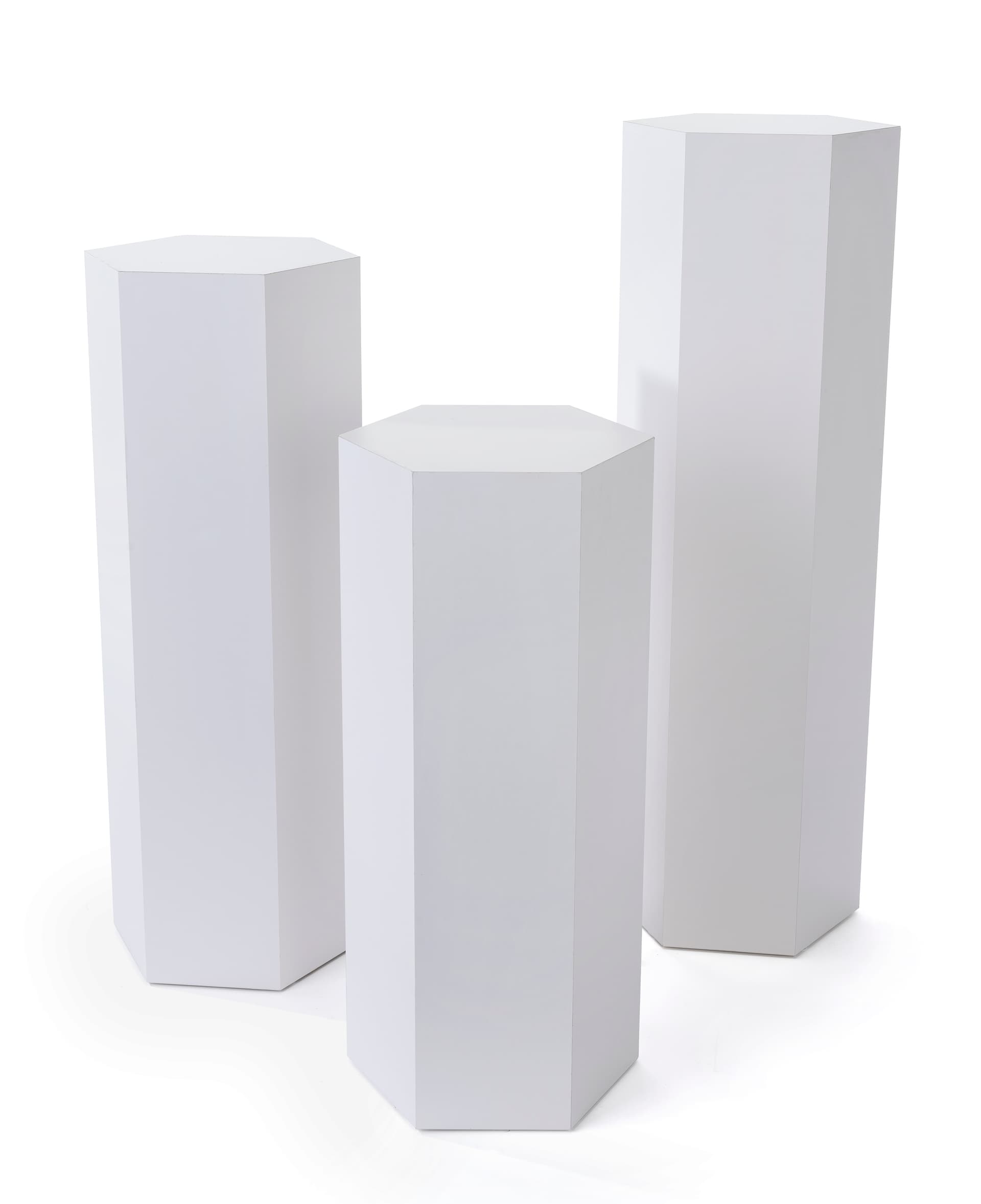 Hexagonal display pedestal with three various heights