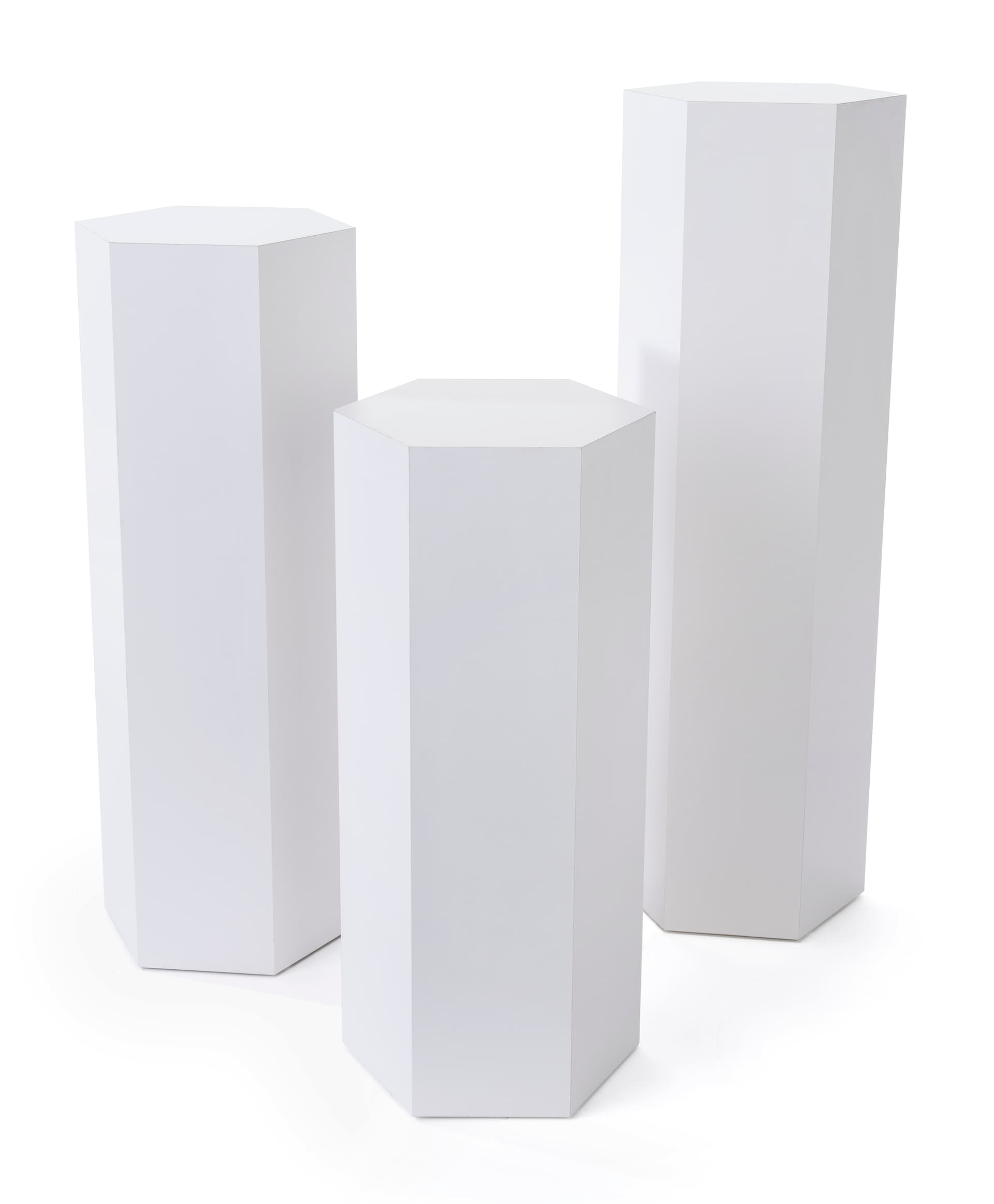 Set of 3 hexagonal gallery pedestals with overall width of 13.75 inches