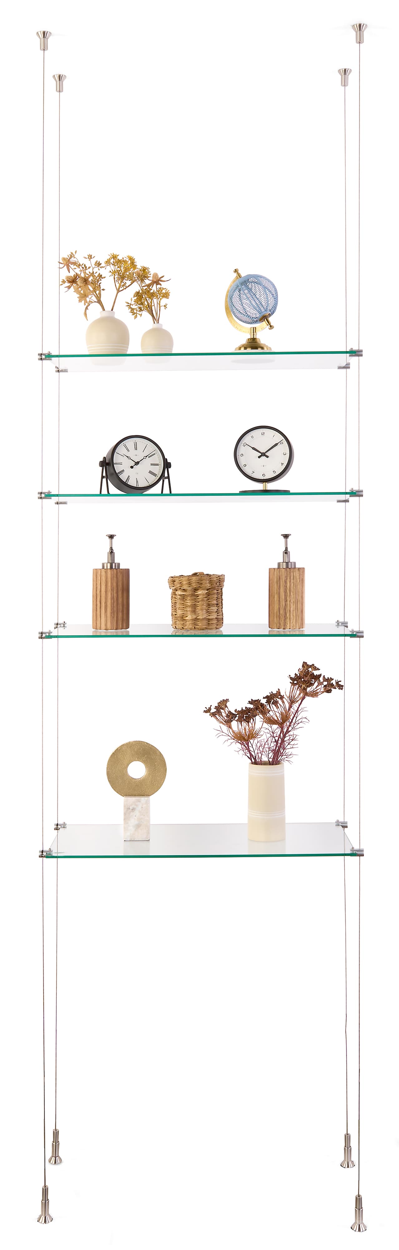 Cable suspended shelves with stainless steel and glass construction