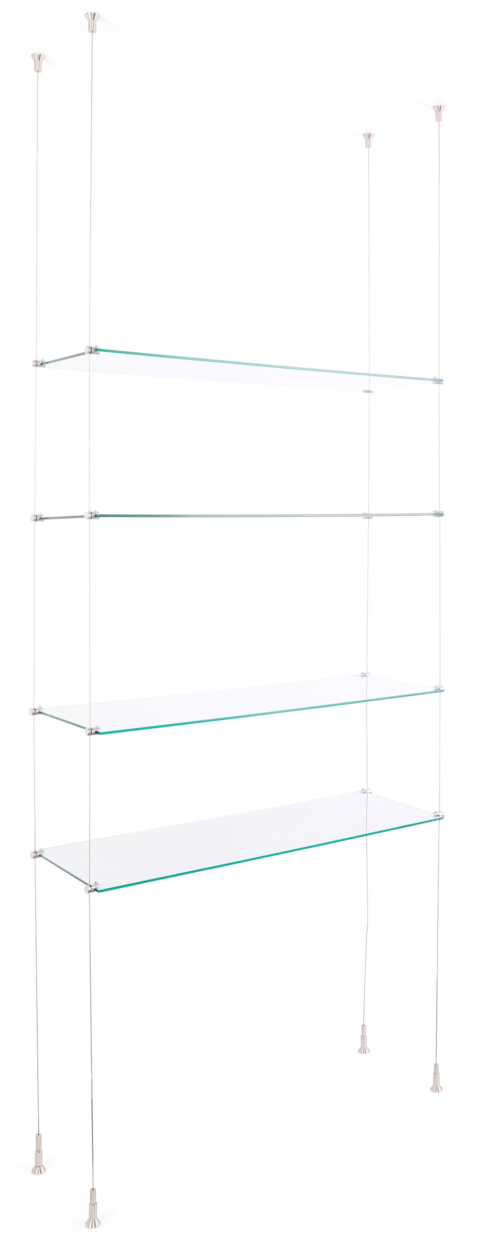 Cable suspended shelves come with four shelves in two different sizes