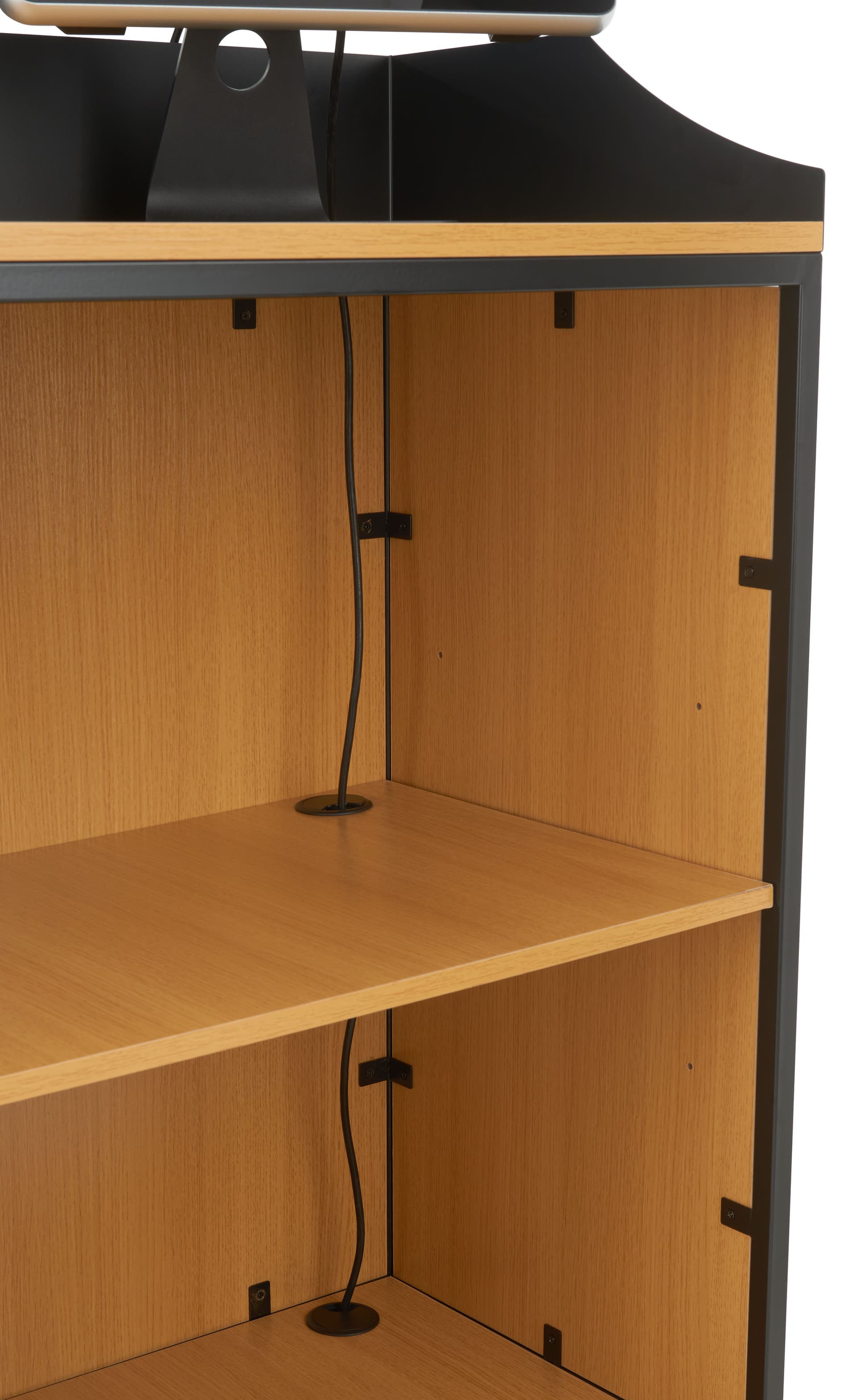 Slatwall cash wrap with wire management holes and removable lids