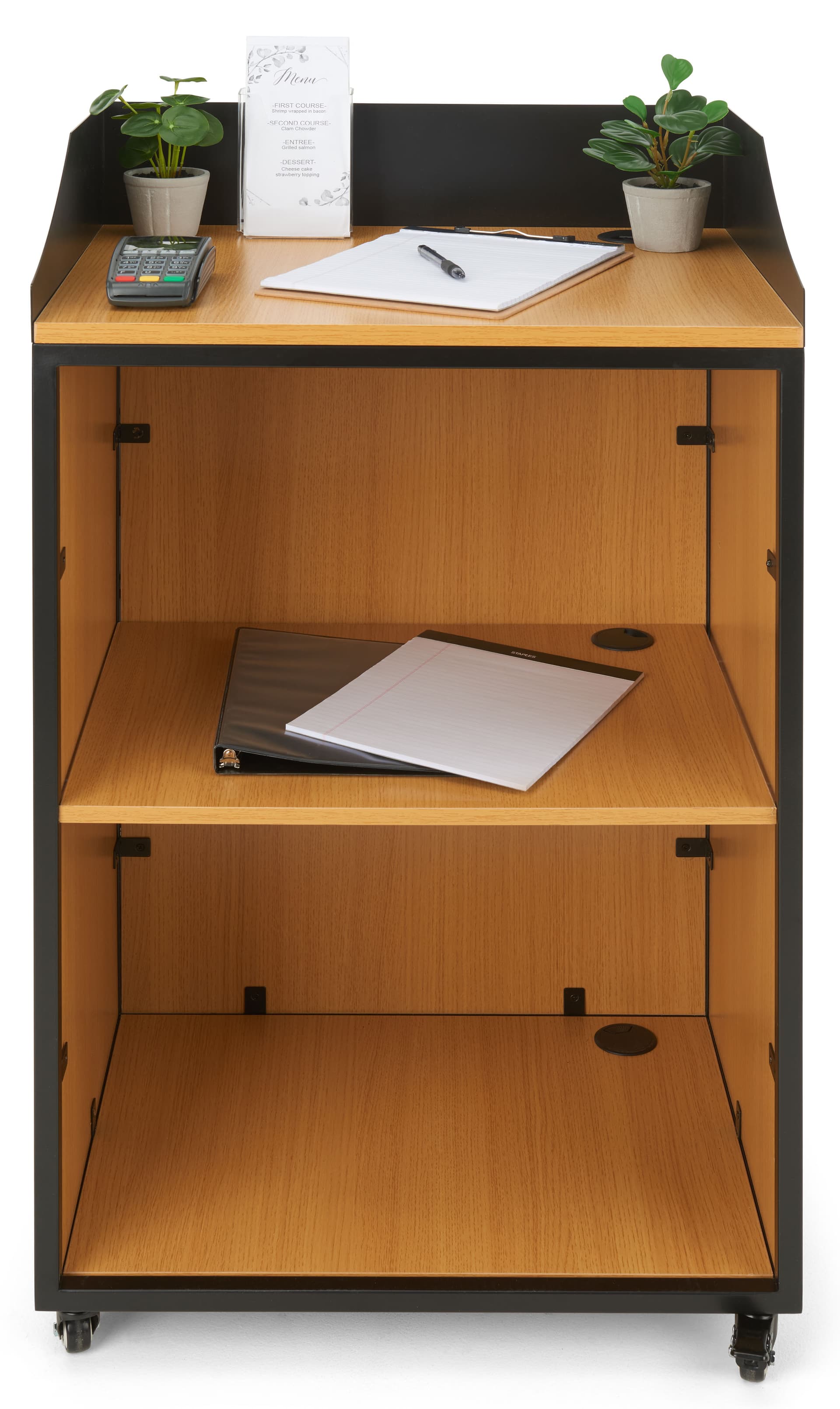 Counter with slatwall front with can hold up to 25 pounds per shelf