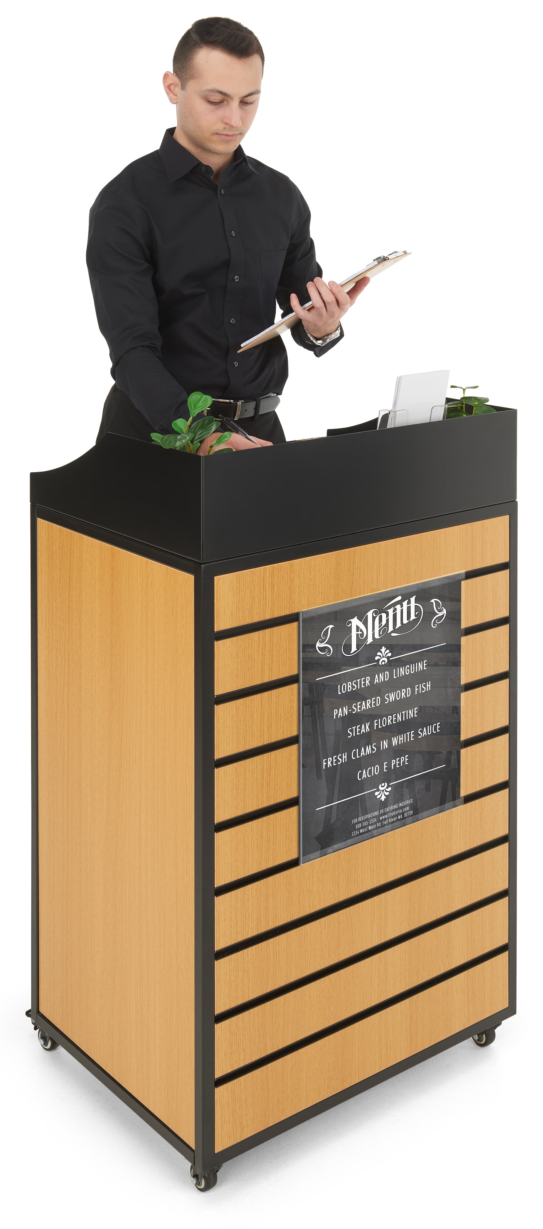 Counter with slatwall front with an open back arrangement 