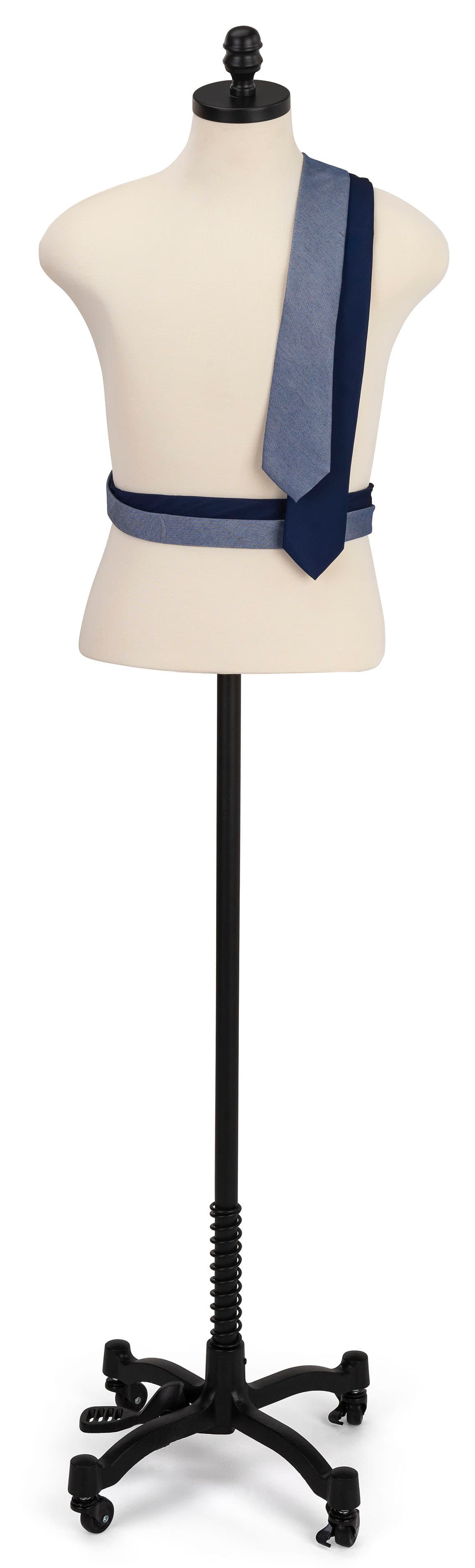 Male sewing bust with wheels and floor standing placement style 