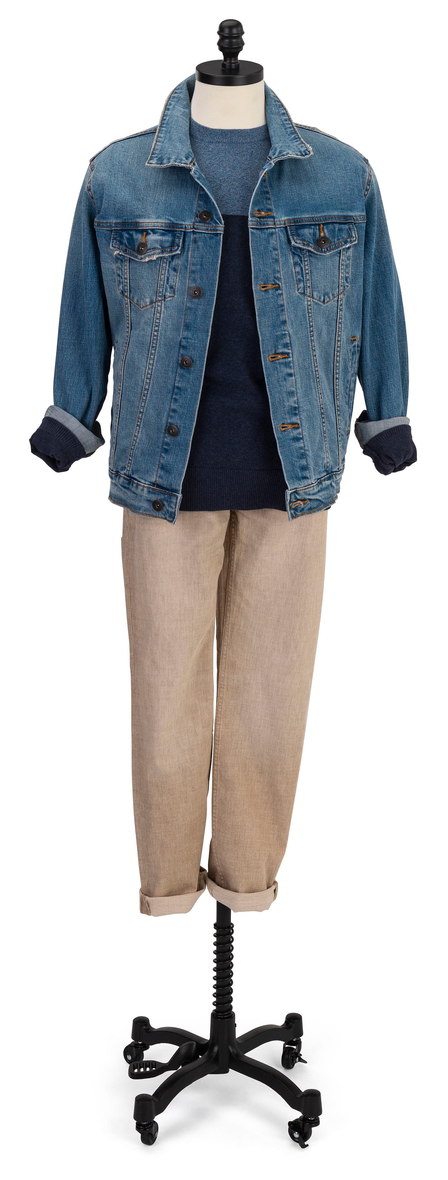 Male sewing bust with wheels and non-functioning spring detail 