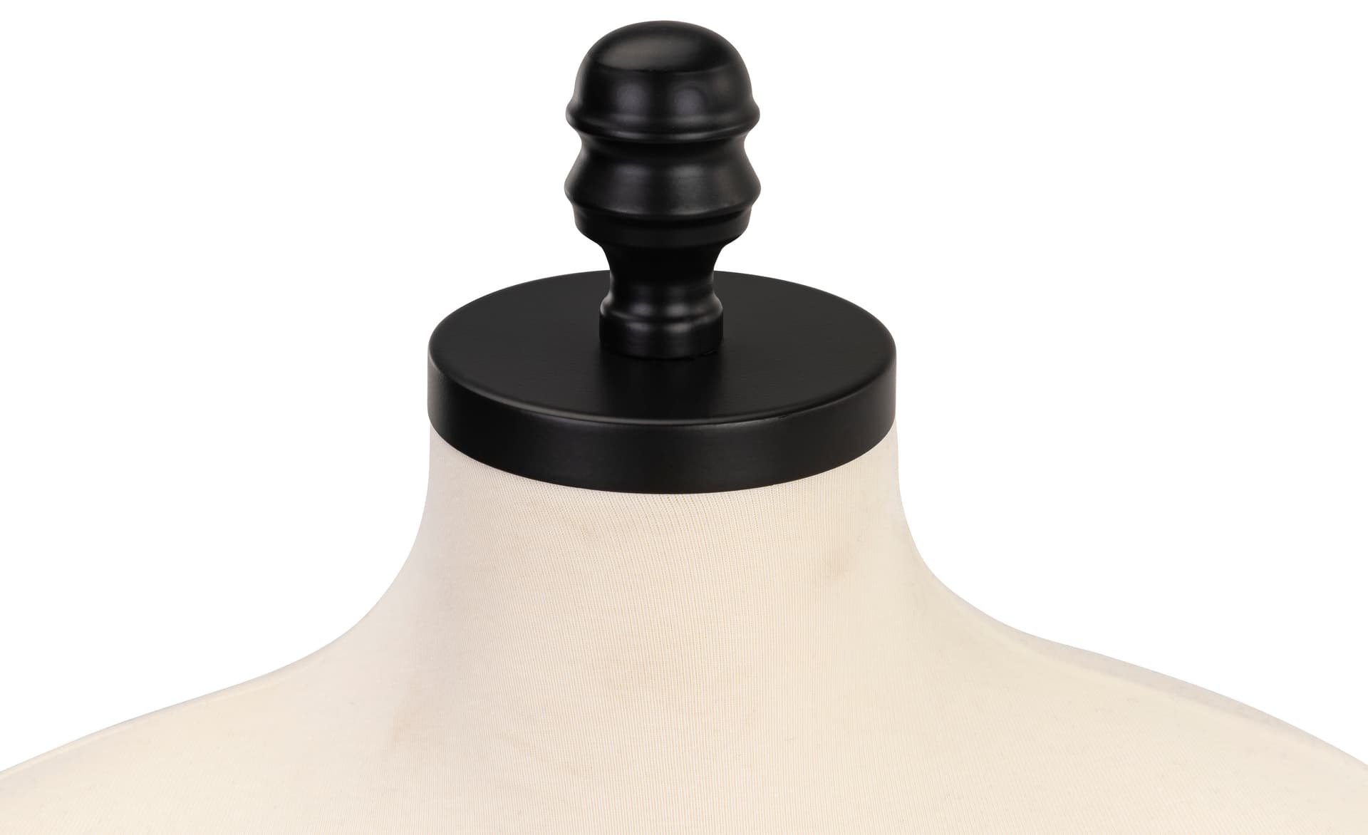 Professional female dress form features matte black neck cap with finial design 