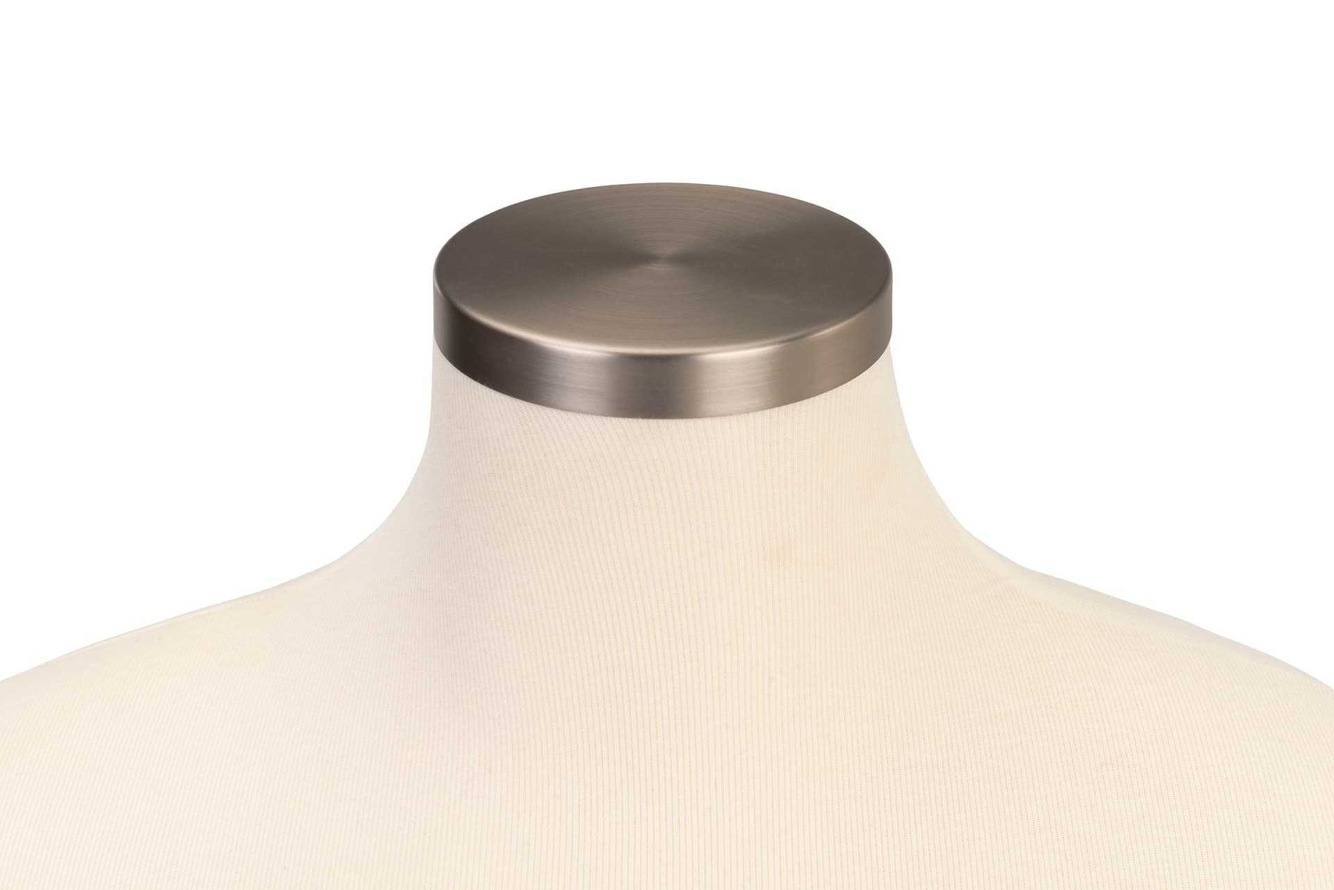 Mobile female sewing mannequin with flat neck cap in brushed nickel finish 