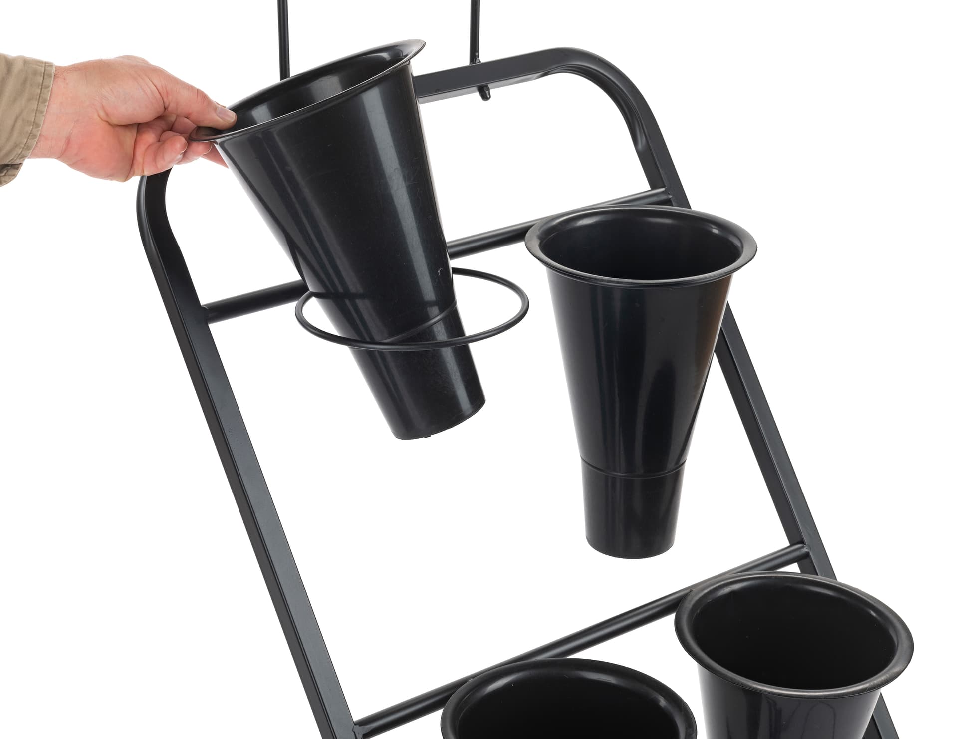 Flower bucket display stand with easy to remove buckets