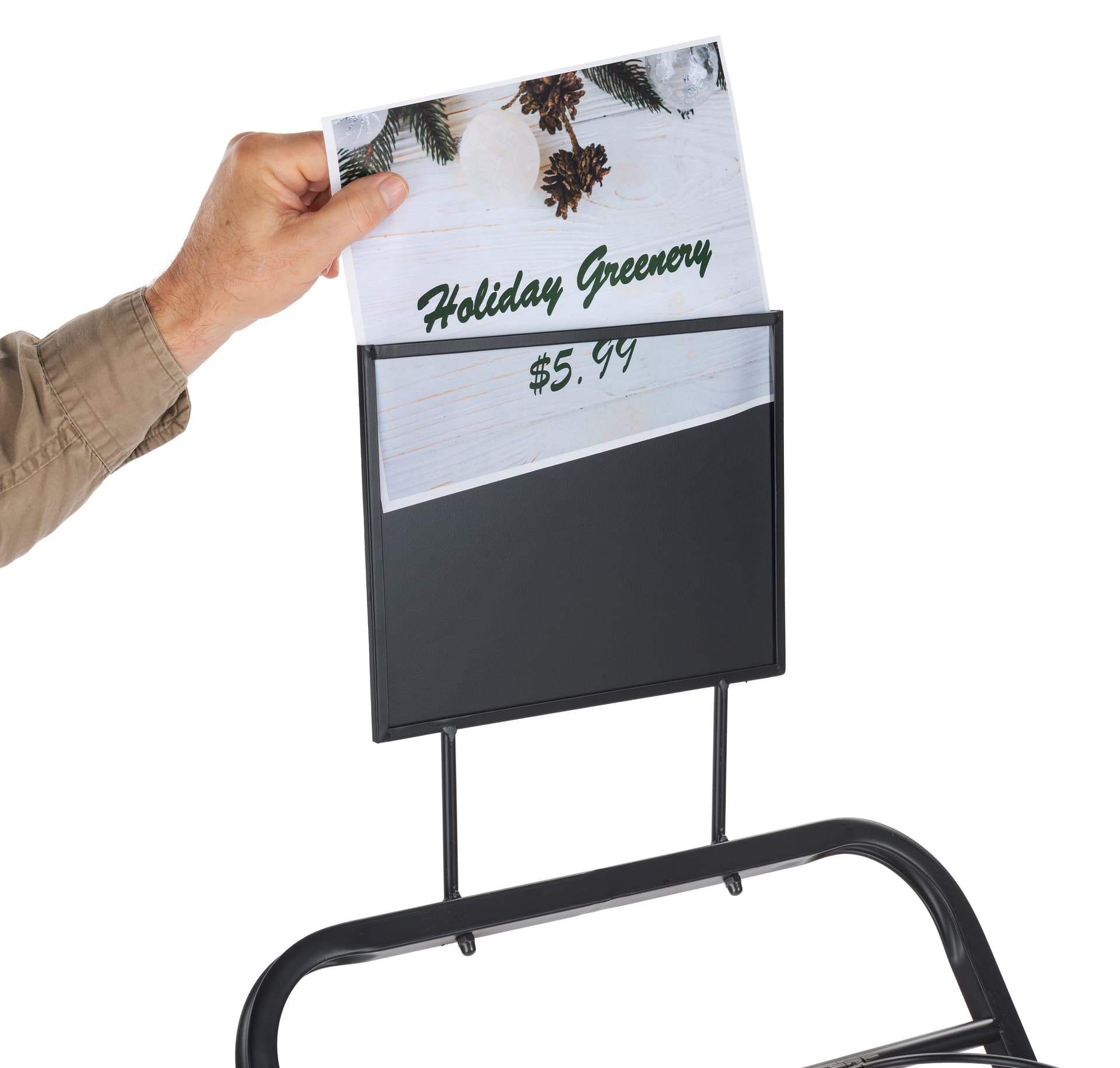 Flower bucket display stand with 8 inch by 11 inch sign frame