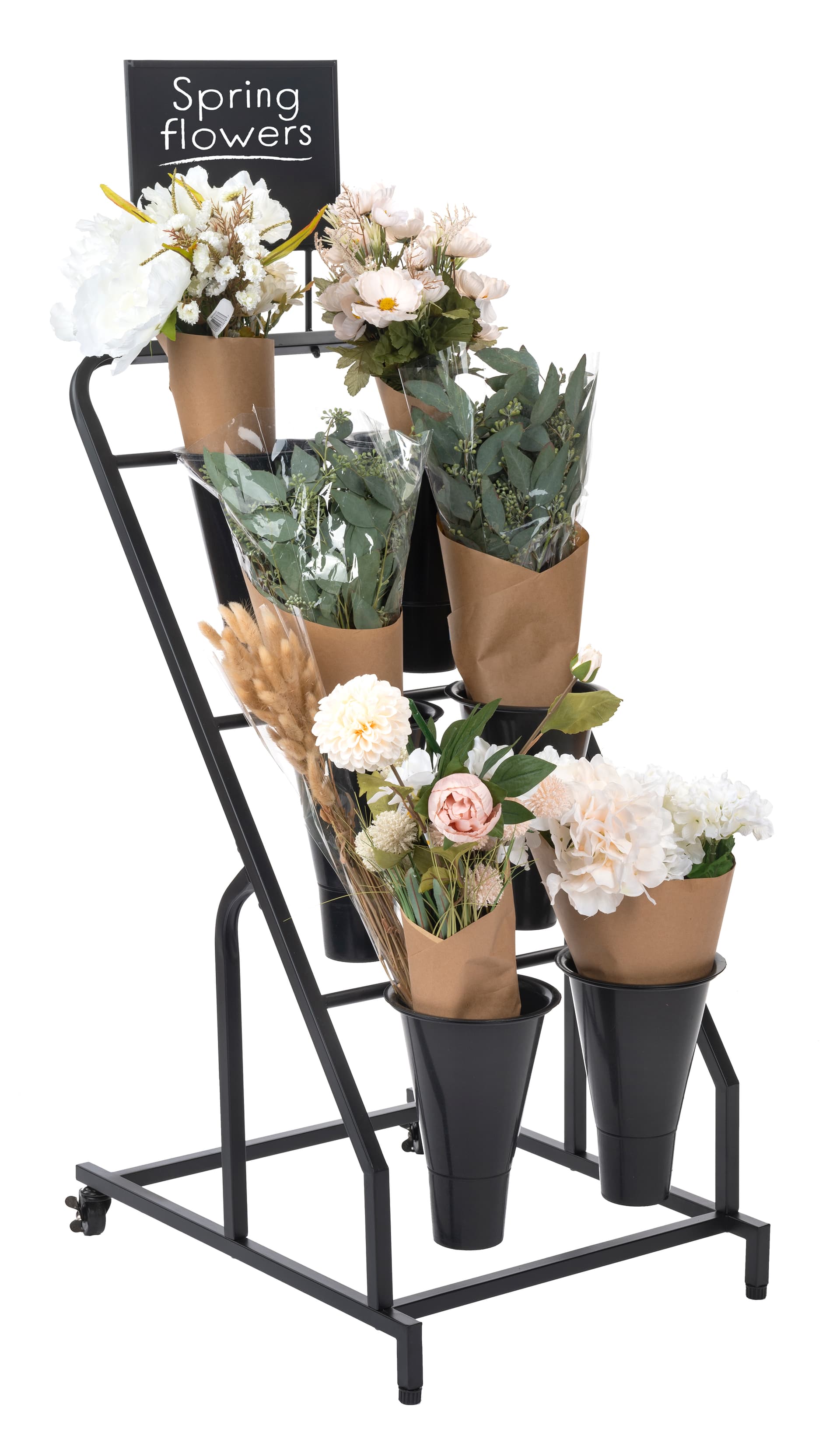 Flower bucket display stand with 38lb weight capacity per bucket