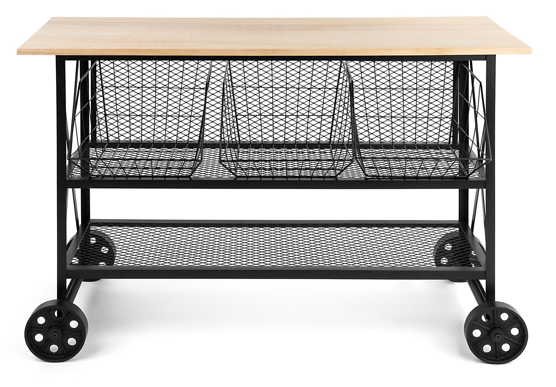 Industrial wood and mesh display console with 33 pound weight capacity on bottom shelf