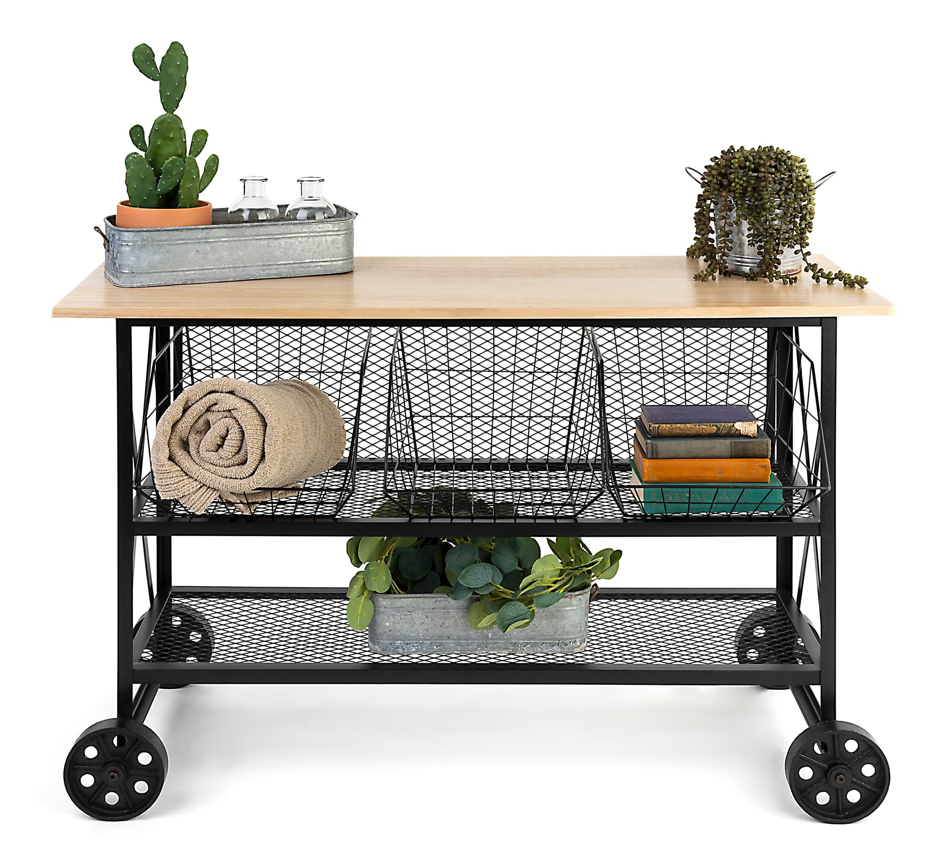 Industrial wood and mesh display console with ample storage space