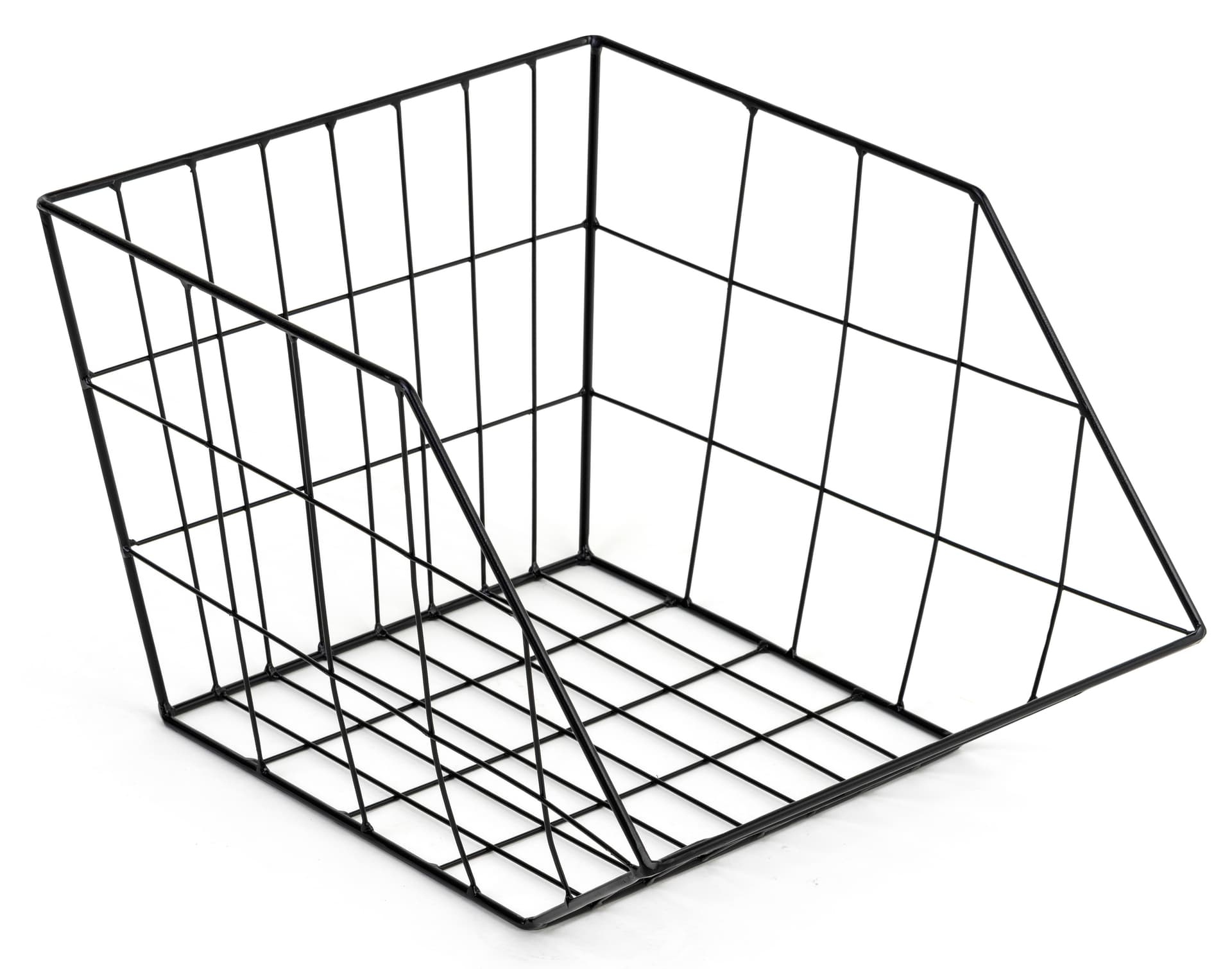 Industrial wood and mesh display console with set of three nesting baskets