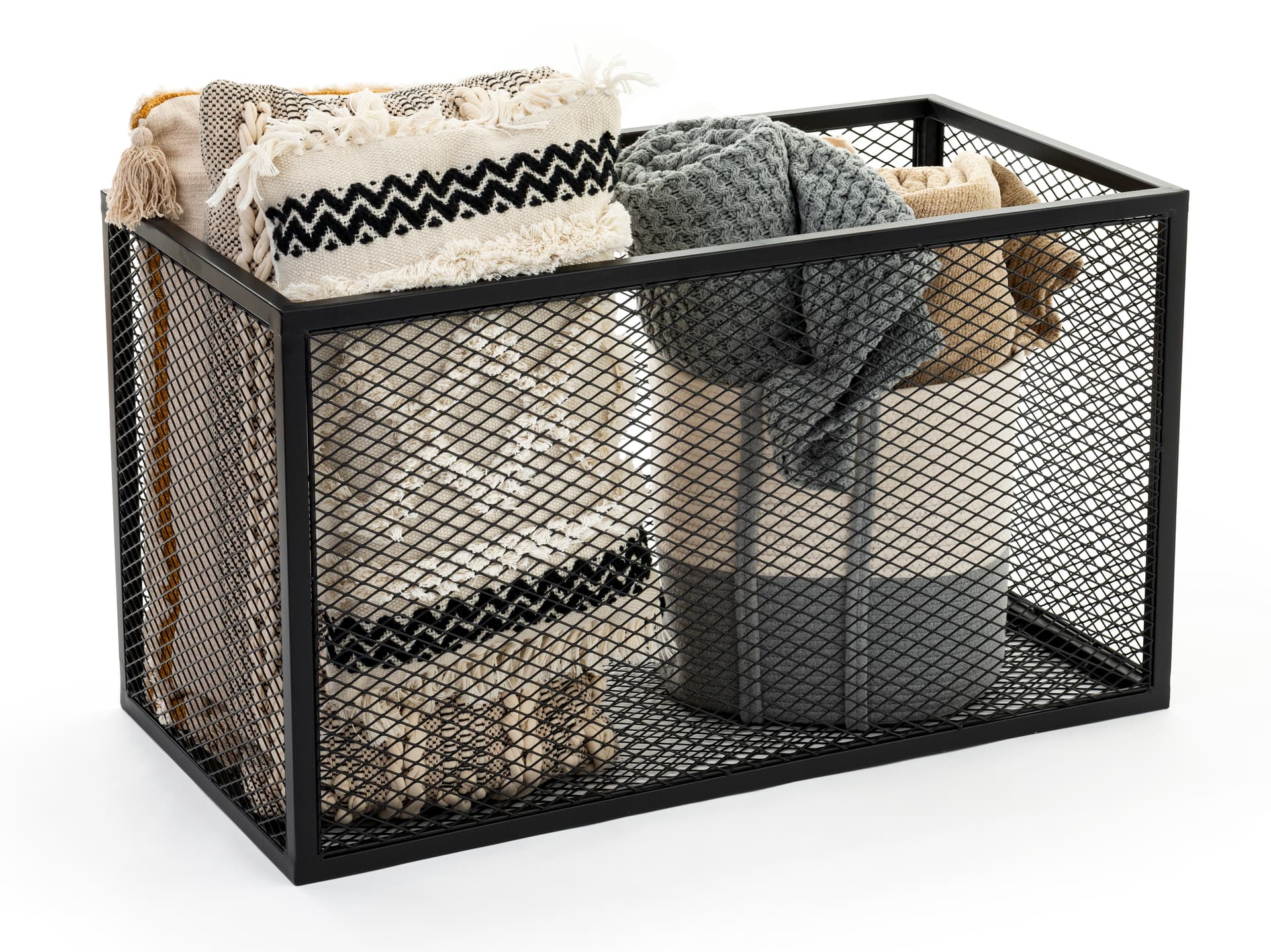 Expanded metal display base with open bottom
