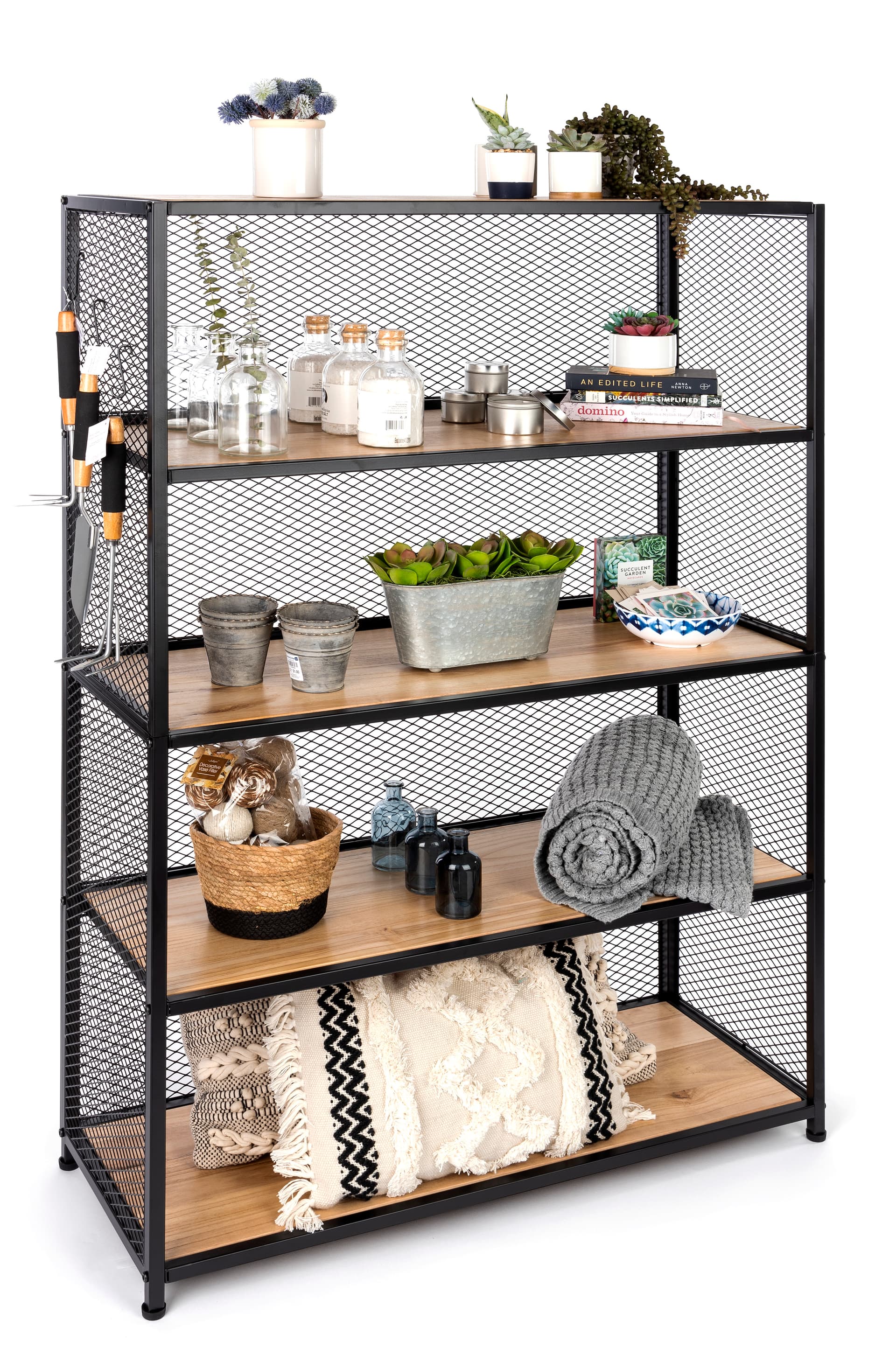 Metal mesh wood bookcase shelving with 33 pound weight capacity per shelf