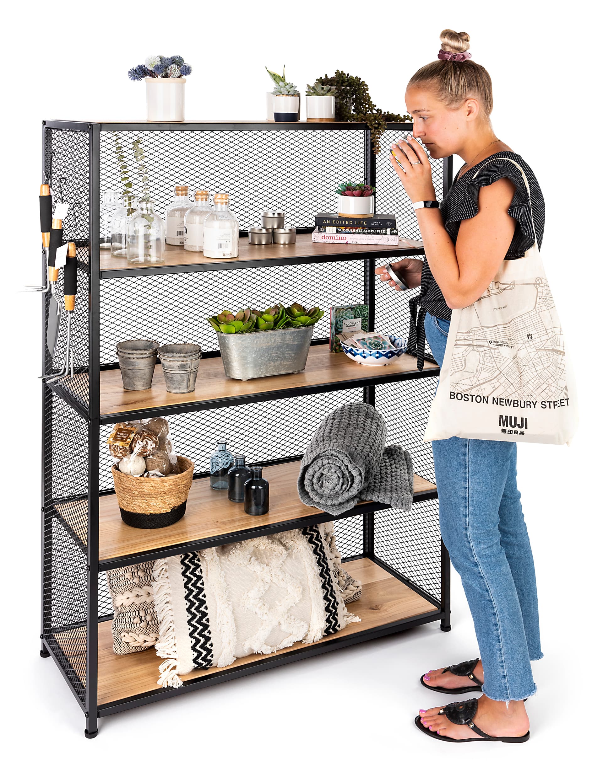 Metal mesh wood bookcase shelving with overall measurements of  40 W x 16 D x 60 H