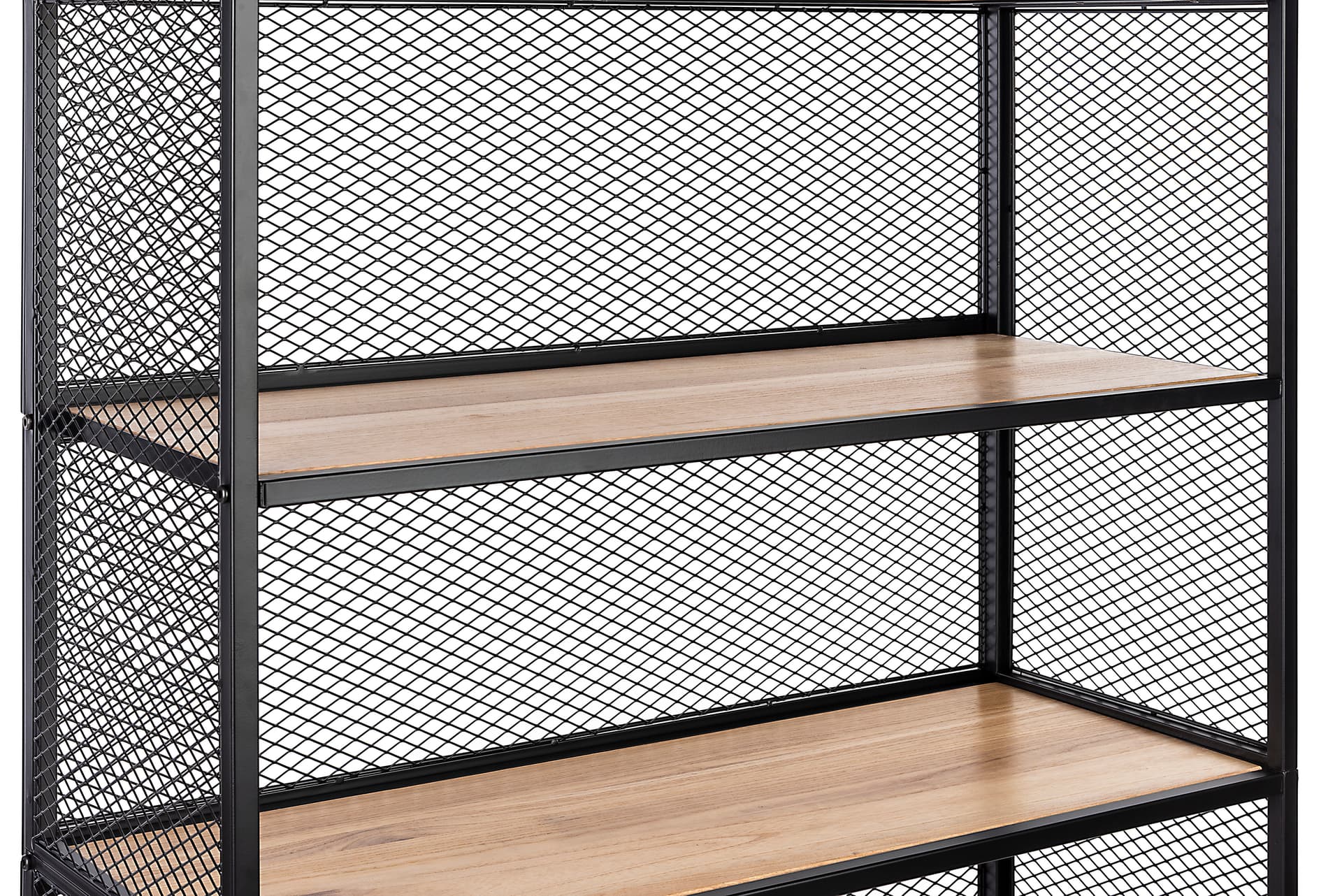 Metal mesh wood bookcase shelving with 1" thick shelves