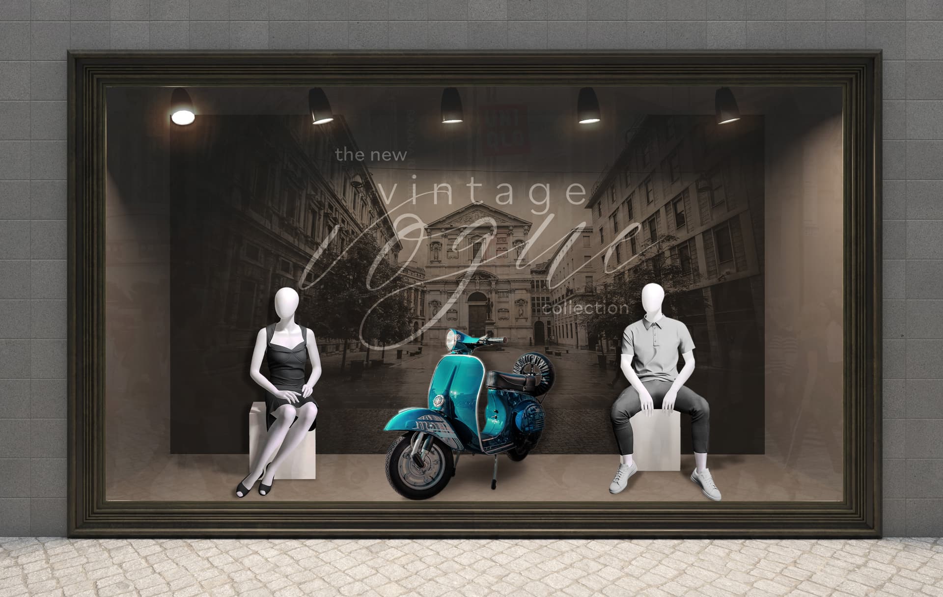Sitting mannequins in storefront window