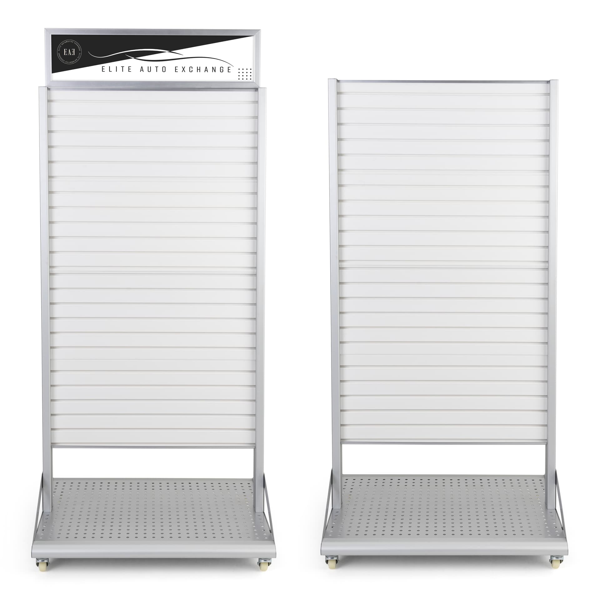 Rolling slatwall stand with sign holder for optional header signage