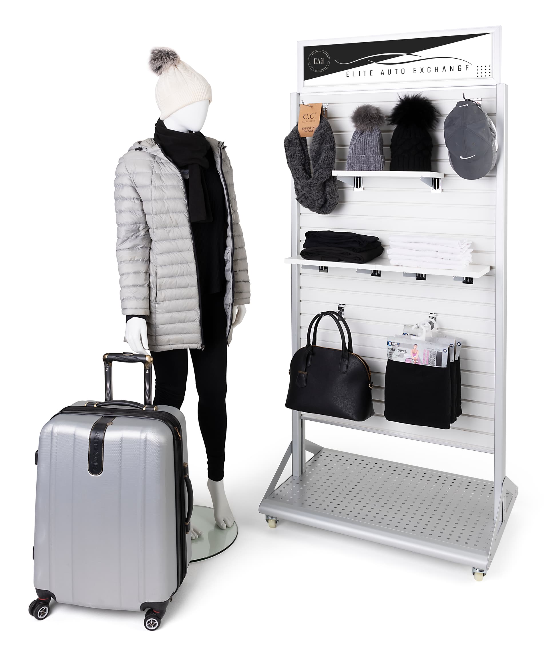 Rolling slatwall stand with sign holder and overall dimensions of 32.5 inches wide by 79 inches tall