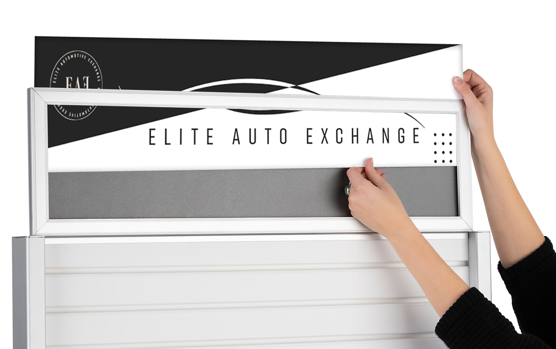 Rolling slatwall stand with sign holder and top insert loading style