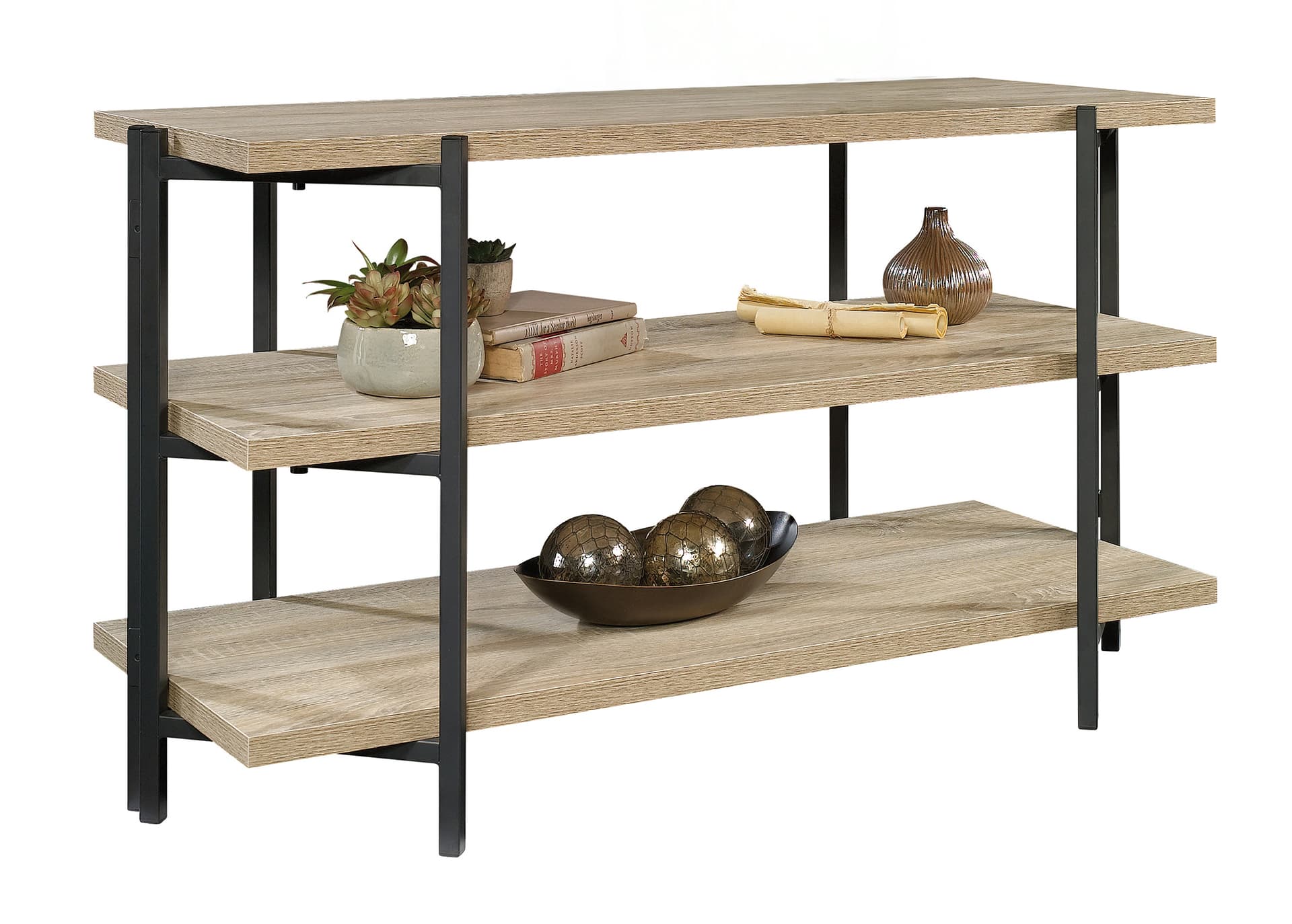 Wooden console table with shelves and steel construction 