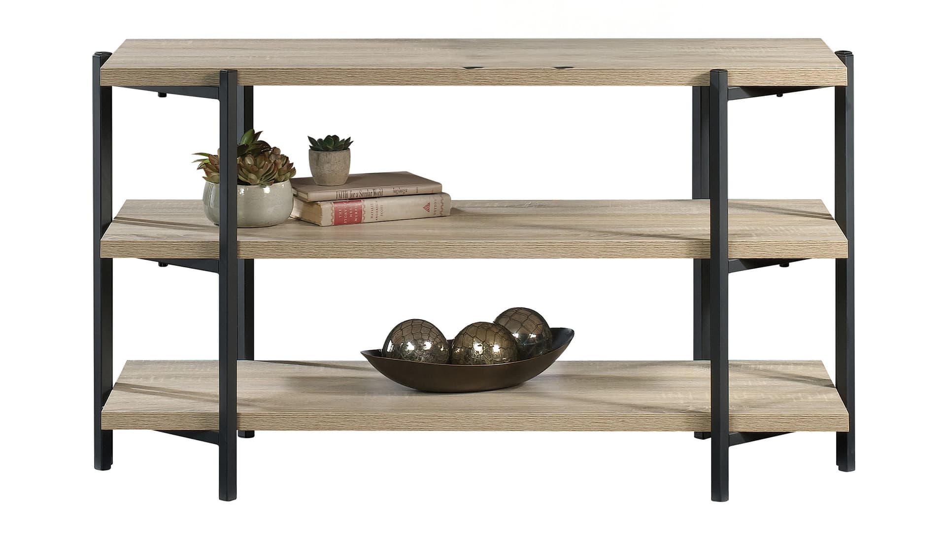 Wooden console table with shelves measures 43 inches wide 